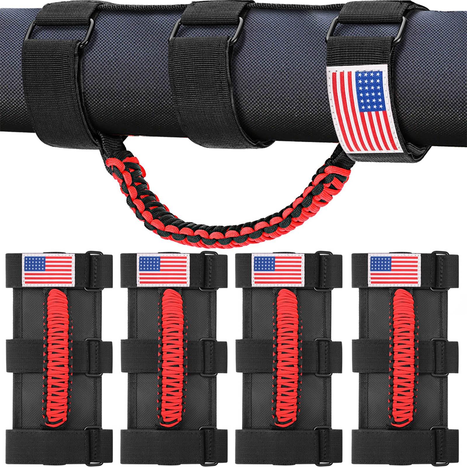 Moveland 4 Pack Roll Bar Grab Handles, Paracord Grip Handles For 1955-2023 Jeep Wrangler Jl, Jk, Tj, Yj & Jeep Gladiator Accessories - Upgrade Metal Buckle, Strong & Durable (Red)