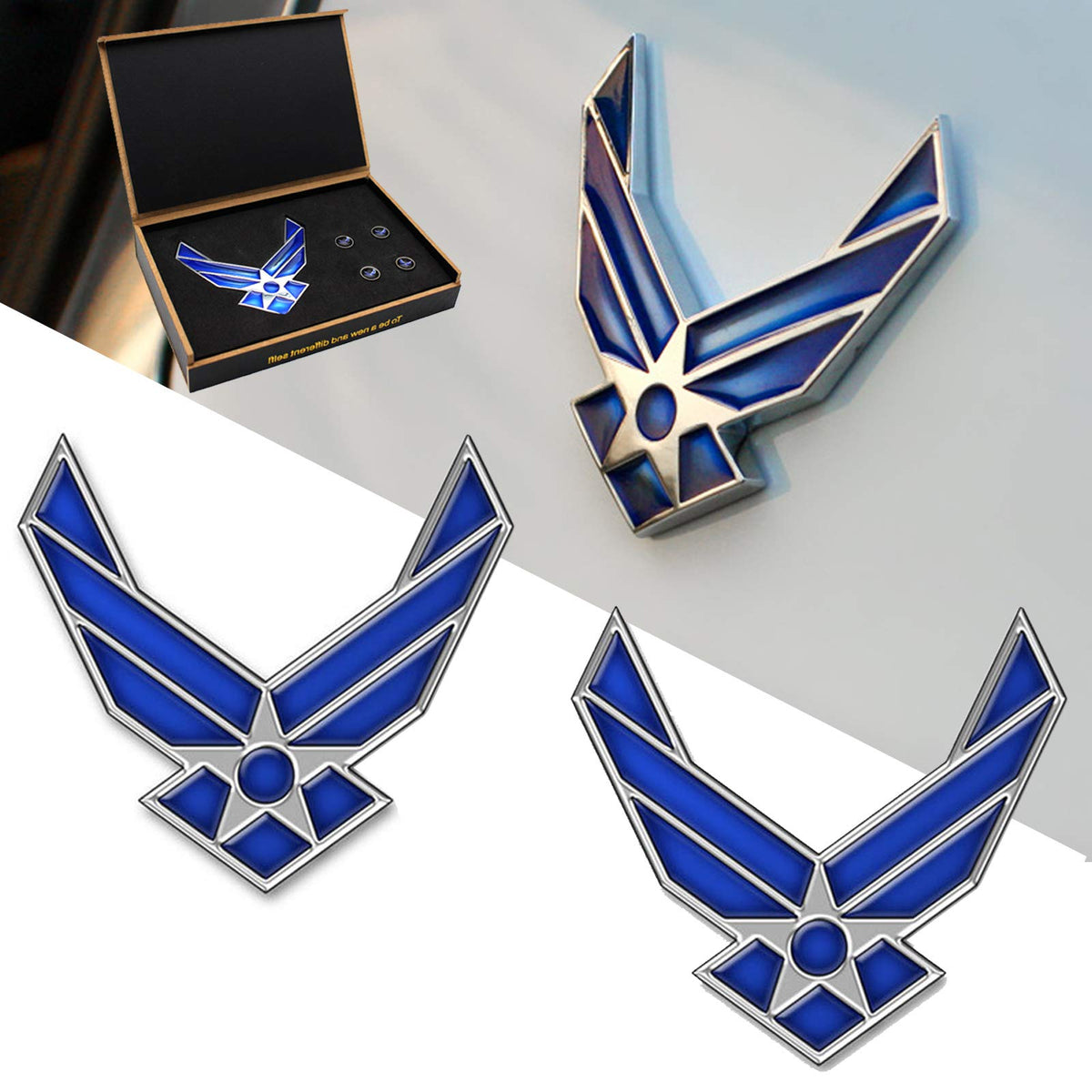 Dsycar 2-Pack Metal Us Air Force Emblem 3D Blue Wings Auto Badge Usaf Sticker - Gift 4 Free Air Force Logo Tire Valve Stem Caps (2-Pack Us Air Force Emblem)
