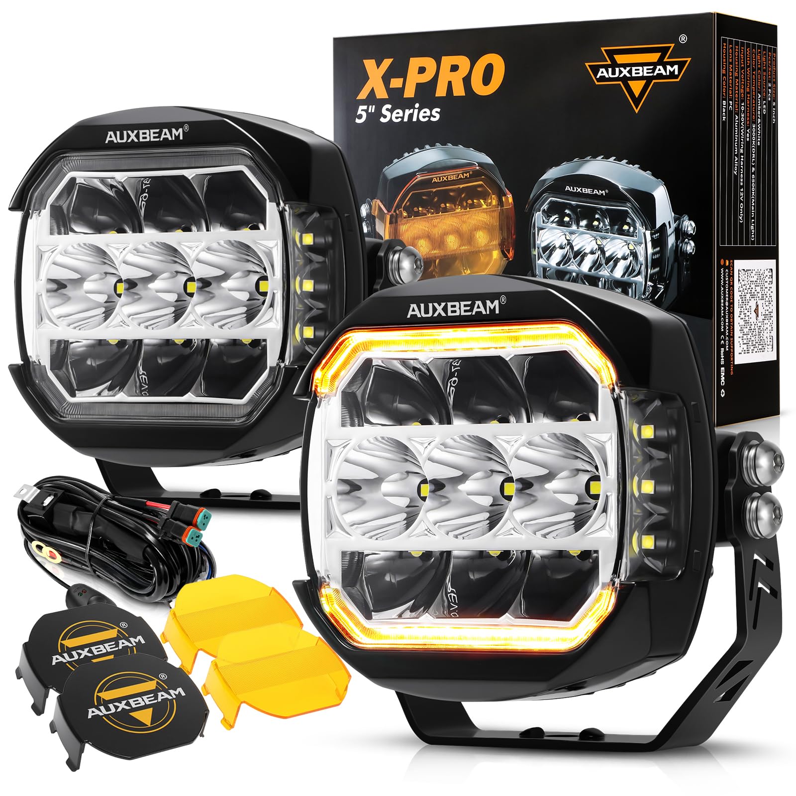 Auxbeam 5In X-PRO Series LED Offroad Lights, 270 Ultra-Wide Side Shooter Driving Pods with White/Amber DRL+Turn Signal Light, 17