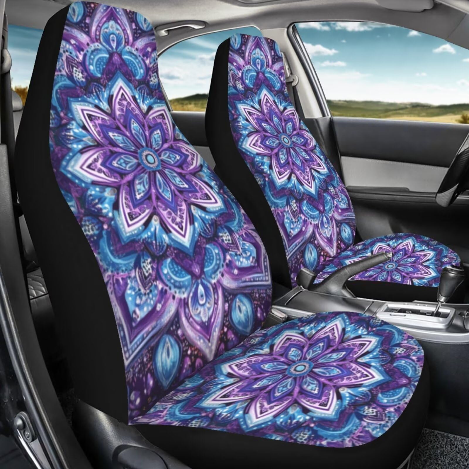 Bigcarjob Purple Lotus Car Seat Covers Set For Women Auto Interior Seat Protector Boho Lotus Car Accessories Set 2 Pcs Auto Fron