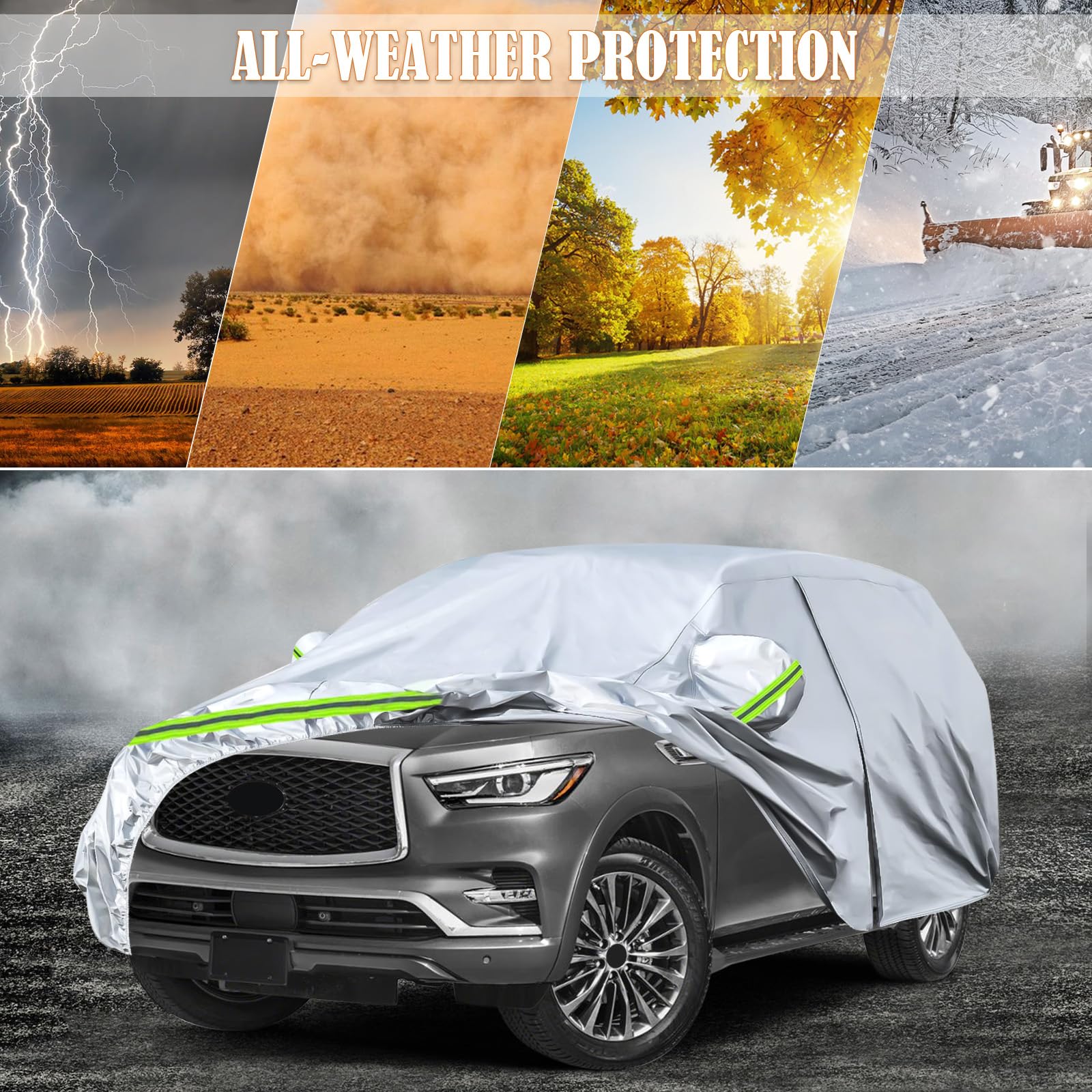 Waterproof Car Covers Replace For 2004-2025 Infiniti Qx80, 6 Layers Silver All Weather Custom-Fit Car Cover With Zipper Door & W