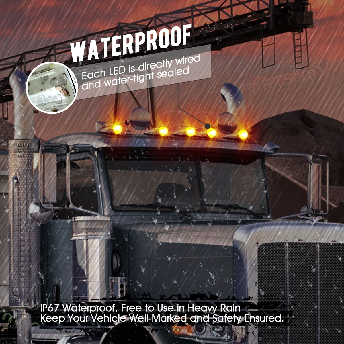 Partsam 5pc Amber Yellow LED Torpedo Cab Marker Lights for Kenworth/Peterbilt/Freightliner, Model 13, Medium Size