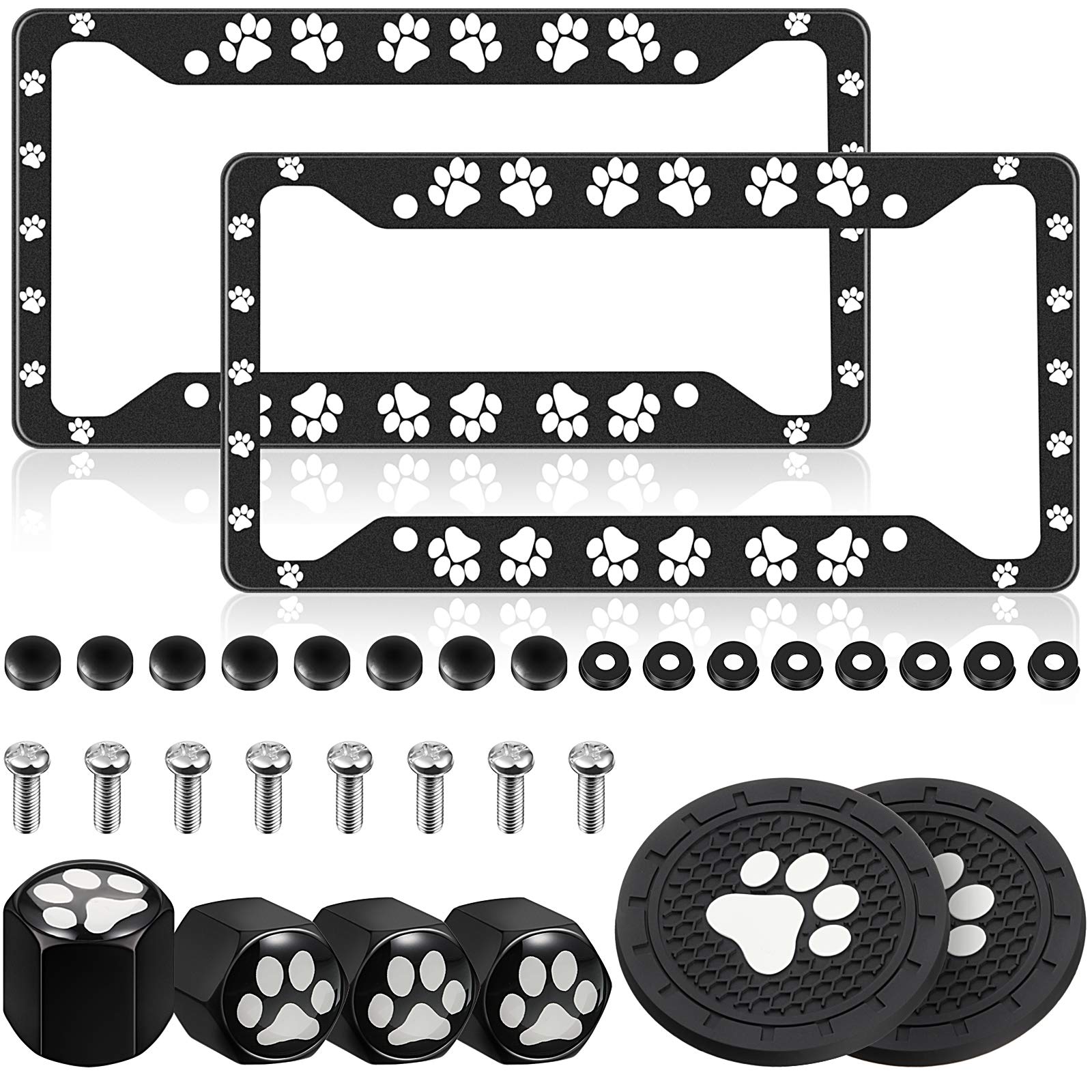 2 Pieces Dog Paw Print License Plate Frames Cat Frames License Plate Cover Aluminum Alloy Covers With 4 Valve Stem Caps And 2 Pa