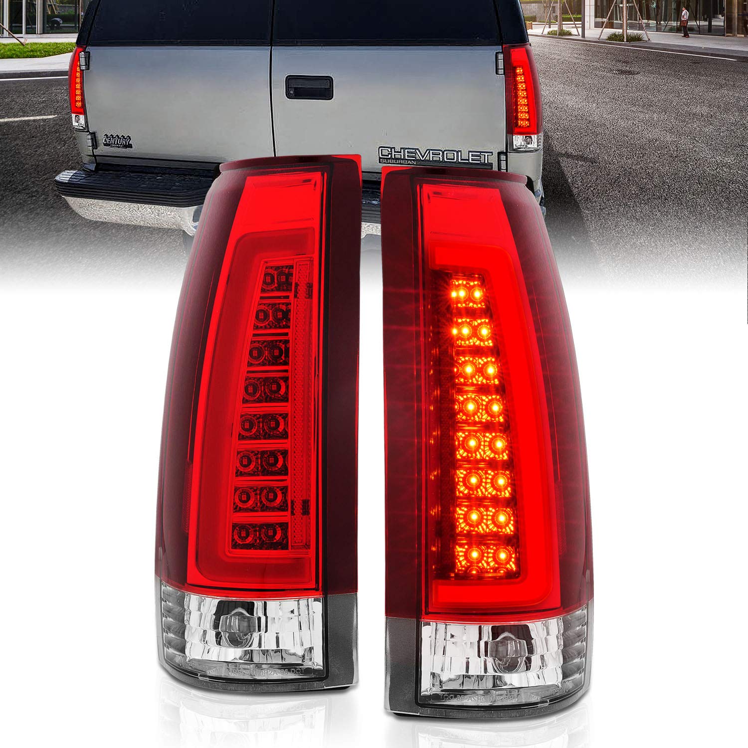 Amerilite For 1988-1999 Chevy Gmc C/K Pickup Vehicle Full Size Tahoe Suburban Crystal Red Replacement C-Type Led Tube Tail Light