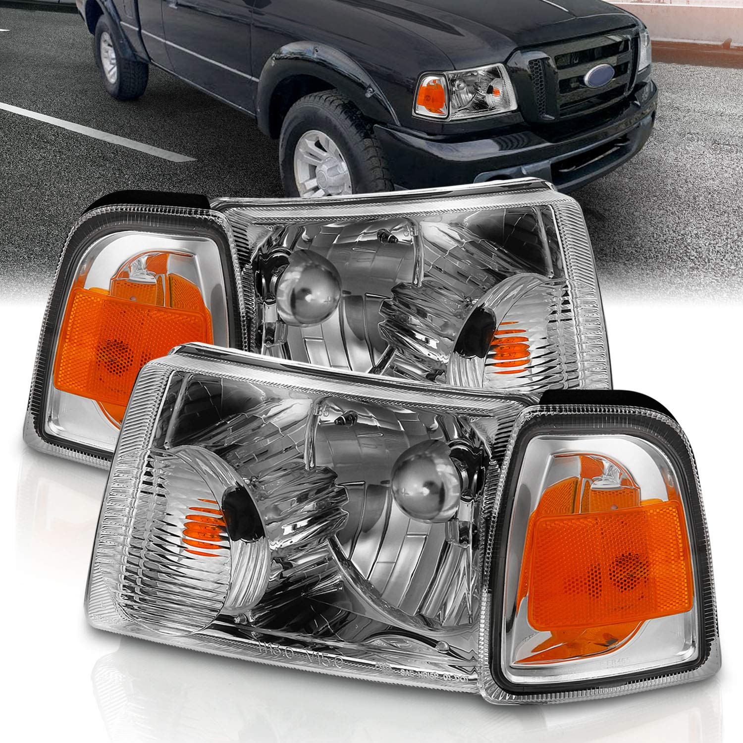 Amerilite For 2001-2011 Ford Ranger Pickup Truck Chrome Factory Oe Style Replacement Headlights Assembly Corner Lamp Combo Set - Driver And Passenger Side