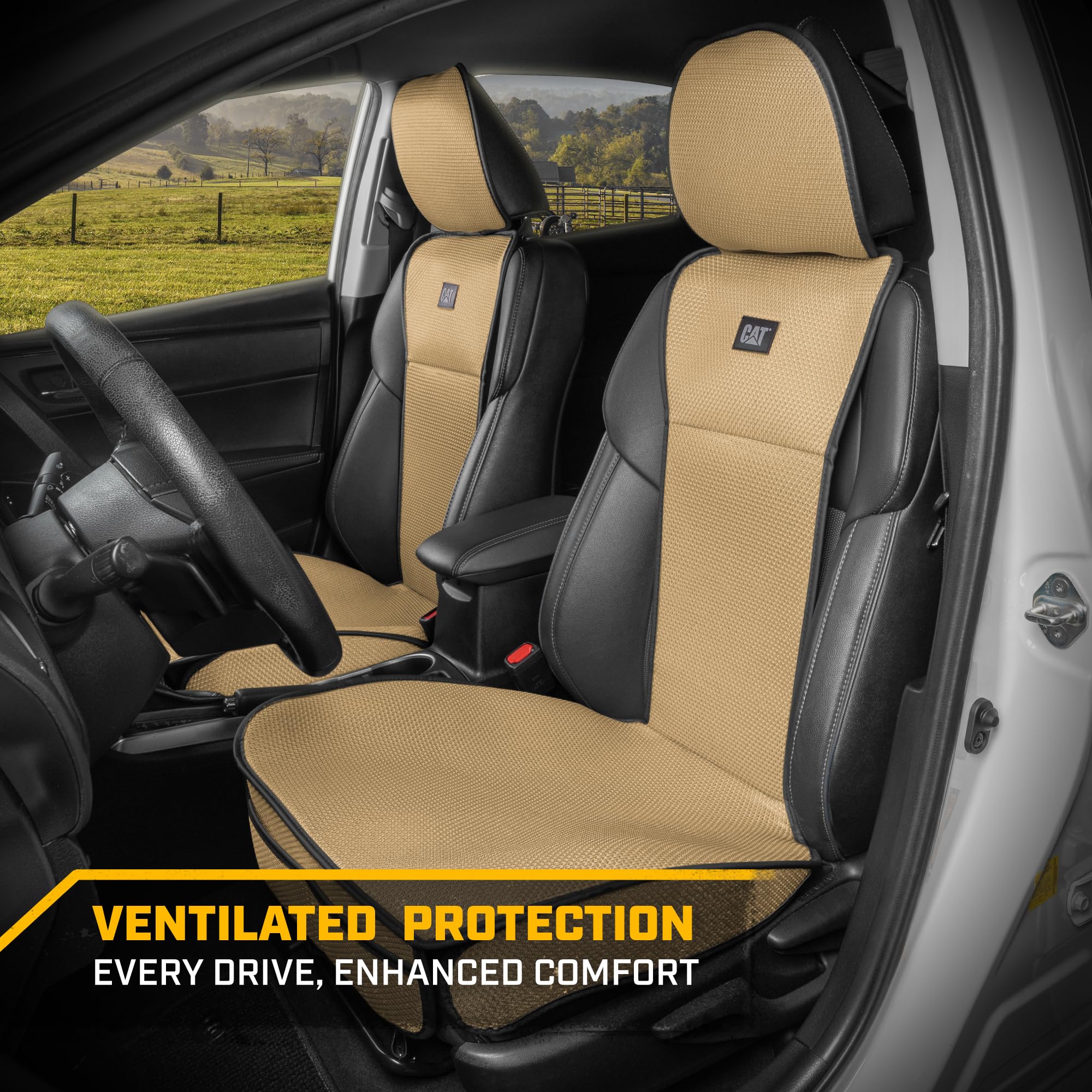 Caterpillar AeroMesh Beige Seat Covers for Trucks, Car, & SUV - (2) Front Truck Seat Cover Protector - Breathable Mesh Universal