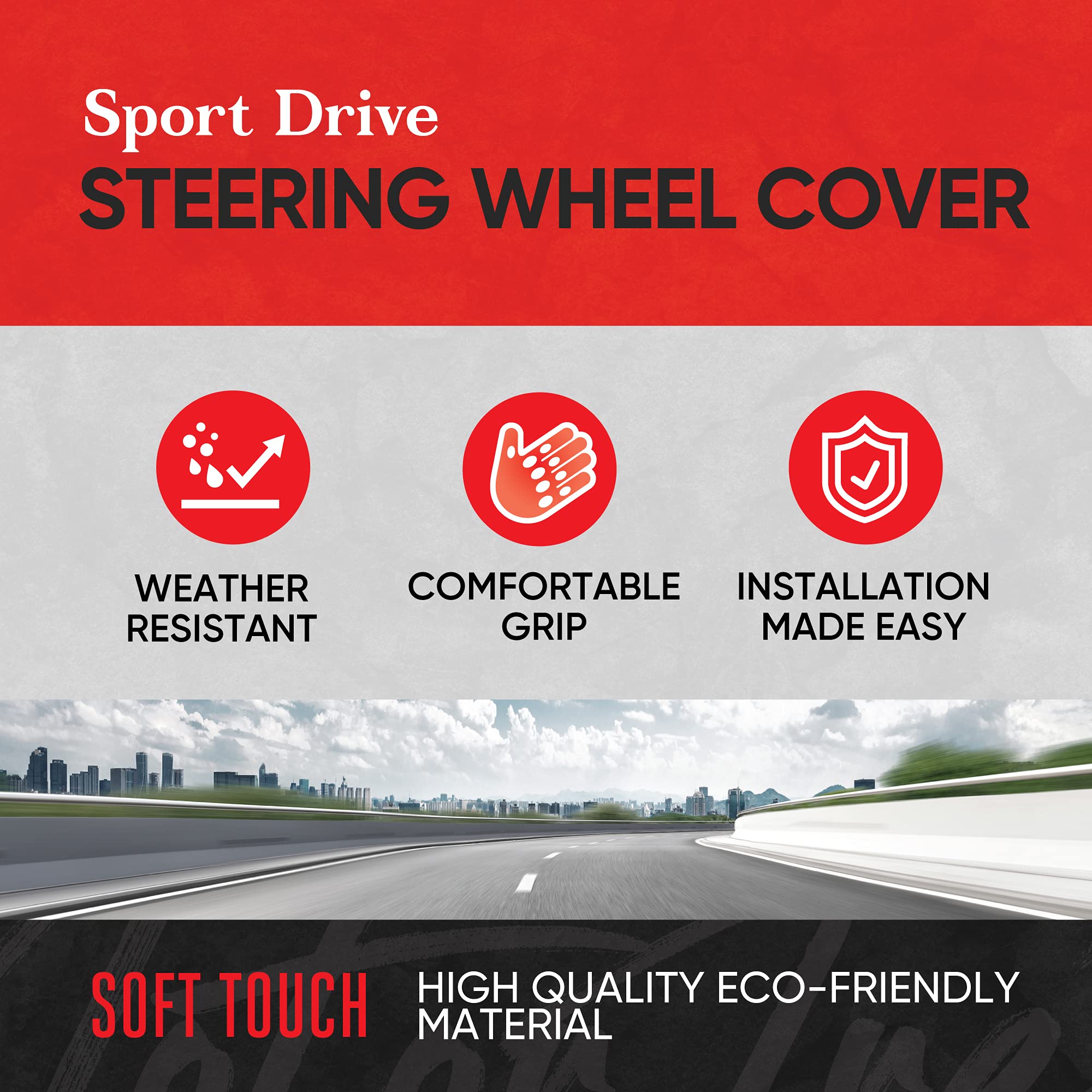 Motor Trend Gripdrive Synthetic Leather Auto Car Steering Wheel Cover Black W/ Beige Accent Stitching Comfort Grip - Standard 15