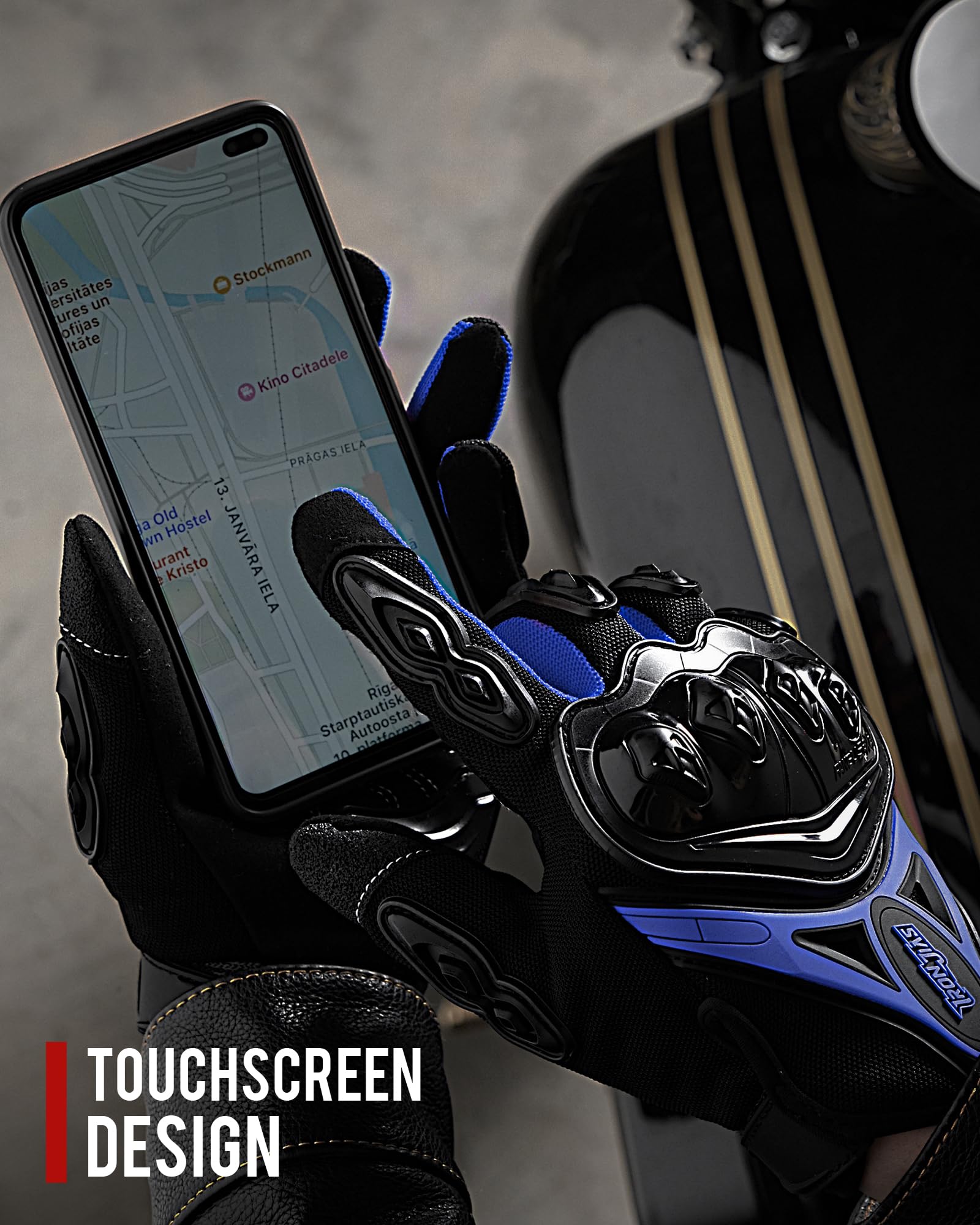 Iron Jia'S Motorcycle Gloves Full Finger Durable For Road Racing Bike Summer Spring Powersports Support Touch Screen Blue- Xl