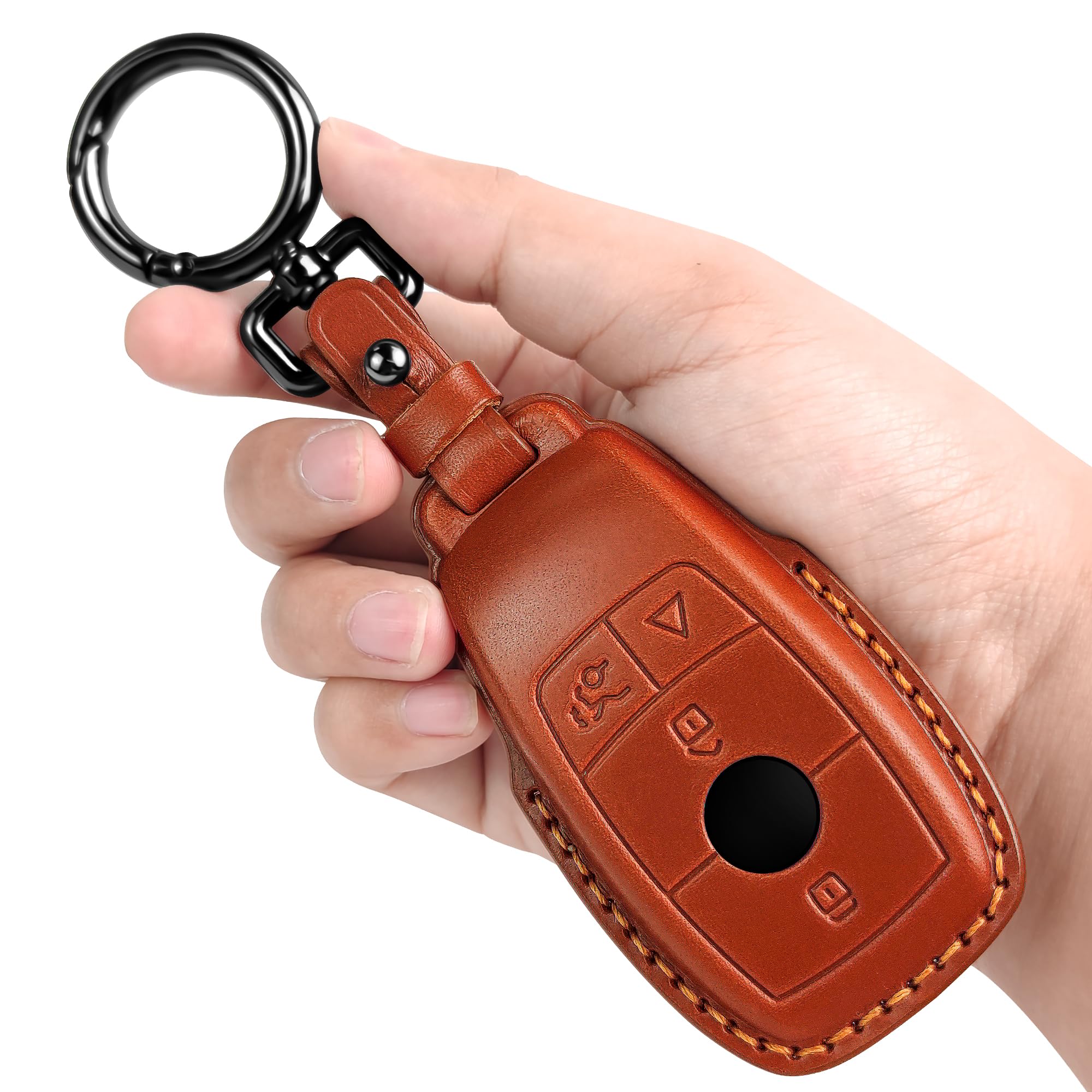 Tukellen For Mercedes Benz Key Fob Cover Genuine Leather With Keychain,Leather Protector Key Case Compatible 2017-2023 E-Class 2