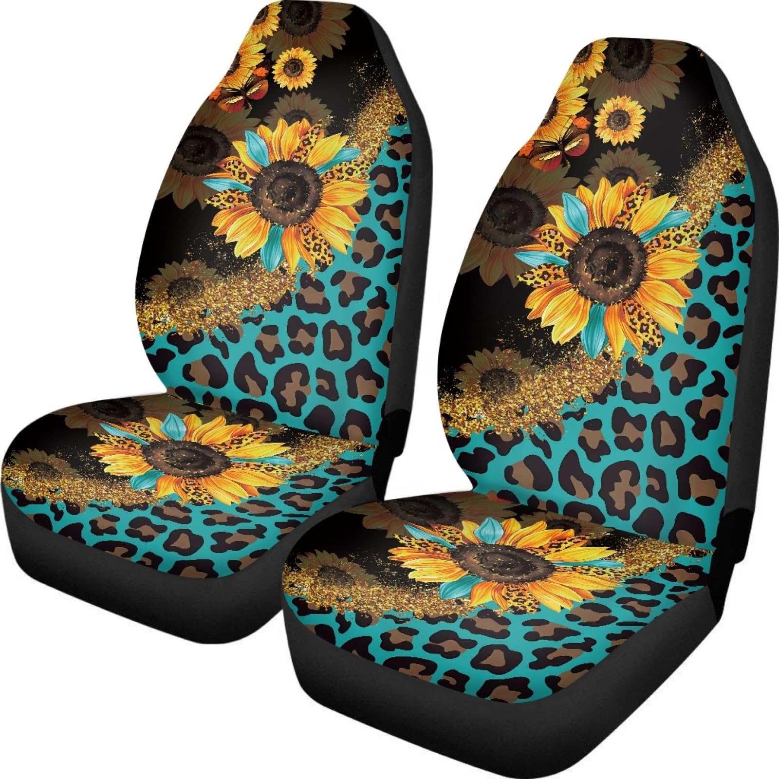 Wanyint Sunflower Leopard Print Blue Car Seat Cover Set of 2 Front Seats Only, Universal Soft Car Seat Protection for Men Women 