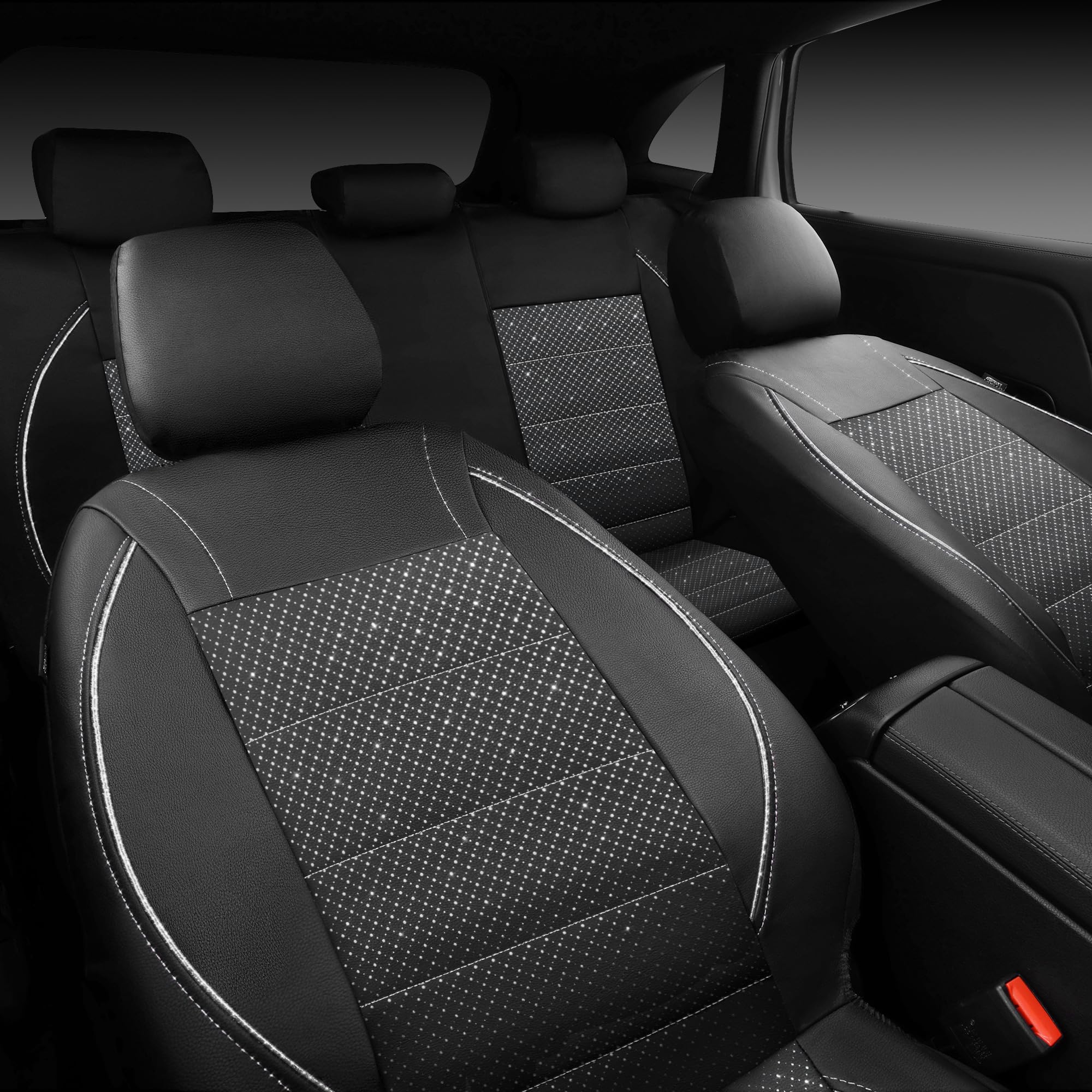 Car Pass Piping Pu Leather Car Seat Cover Full Set, Inside Zipper Design And Reserved Opening Holes, Airbag Compatible,Universal