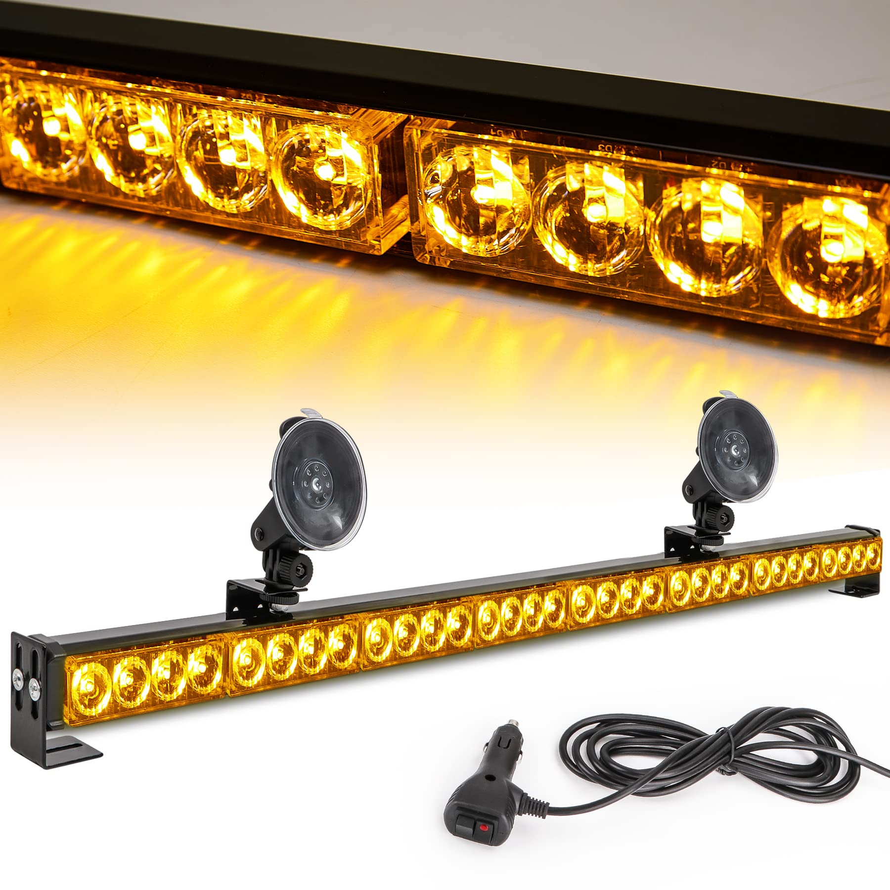 Emergency Light Bar 35.5 Inch 13 Flash Patterns 32 Led Warning Lights Traffic Advisor Bar Yellow Strobe Safety Lights With Cigar