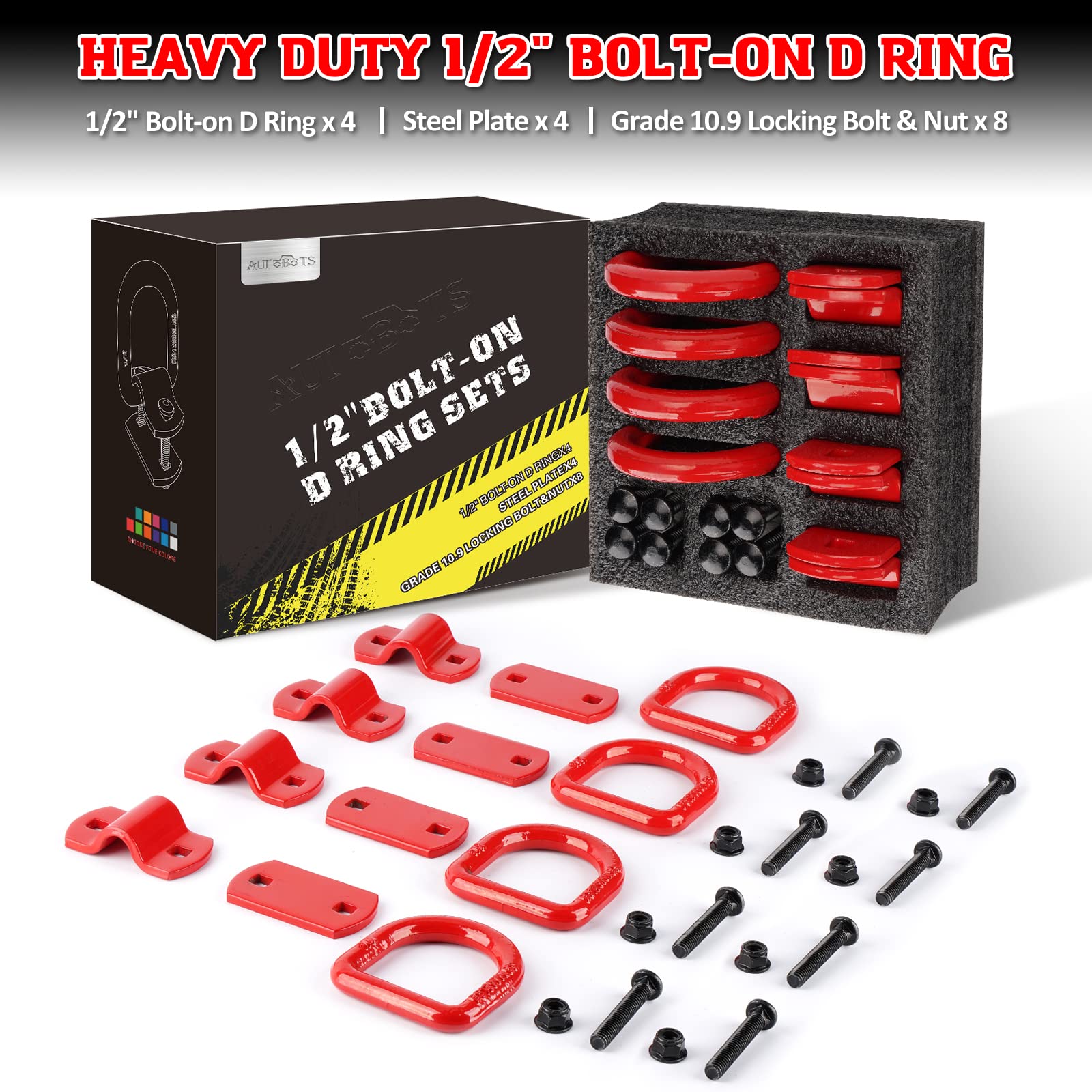 AUTOBOTS 1/2" Heavy Duty Bolt-On Forged D Ring Tie Down Anchors, 12000Lbs Strength, Red (Pack of 4)