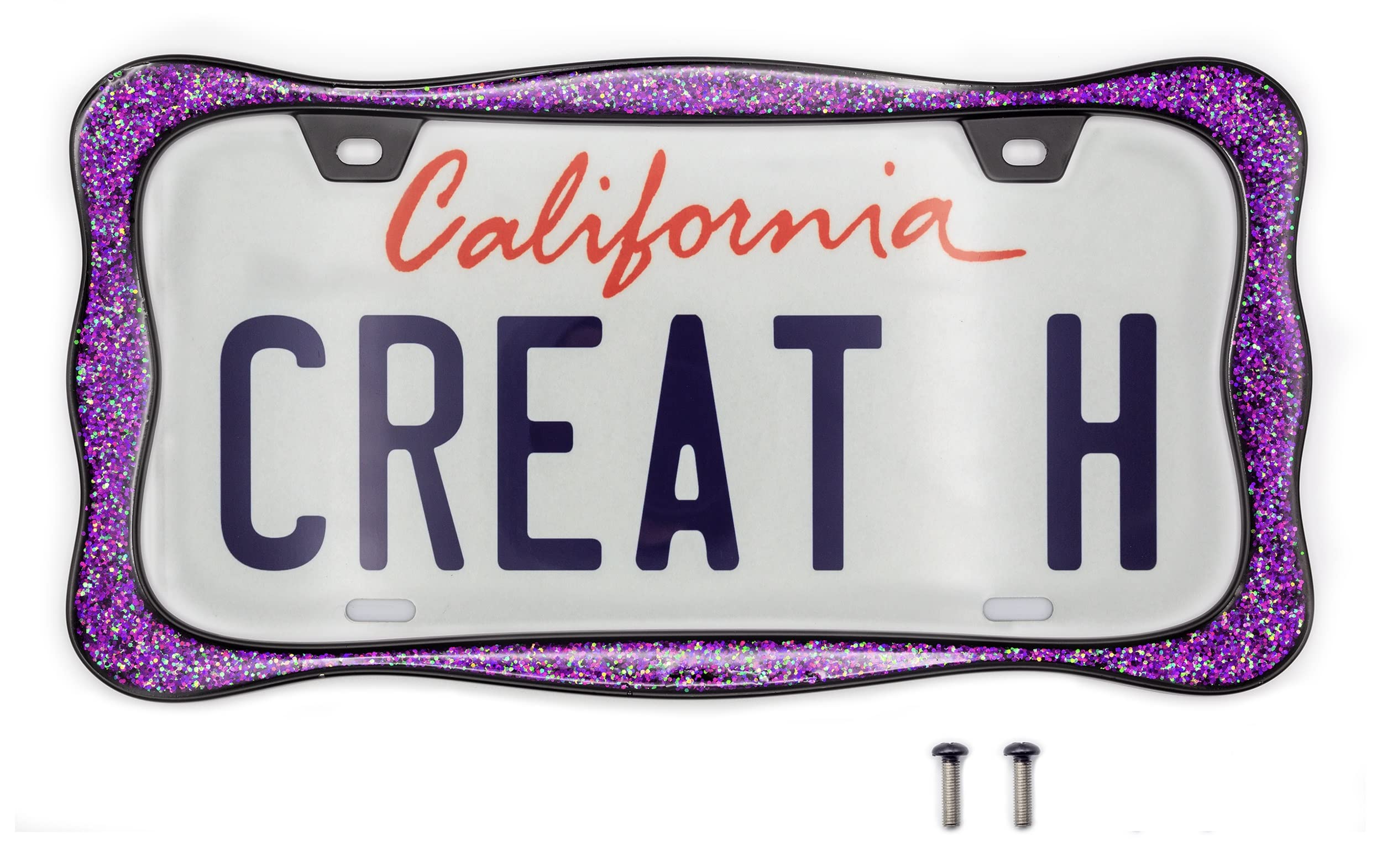 Creathome 3D Shining License Plate Frame, Black Powder Coated With Purple Chunky Gliter, Pure Zinc Alloy Metal