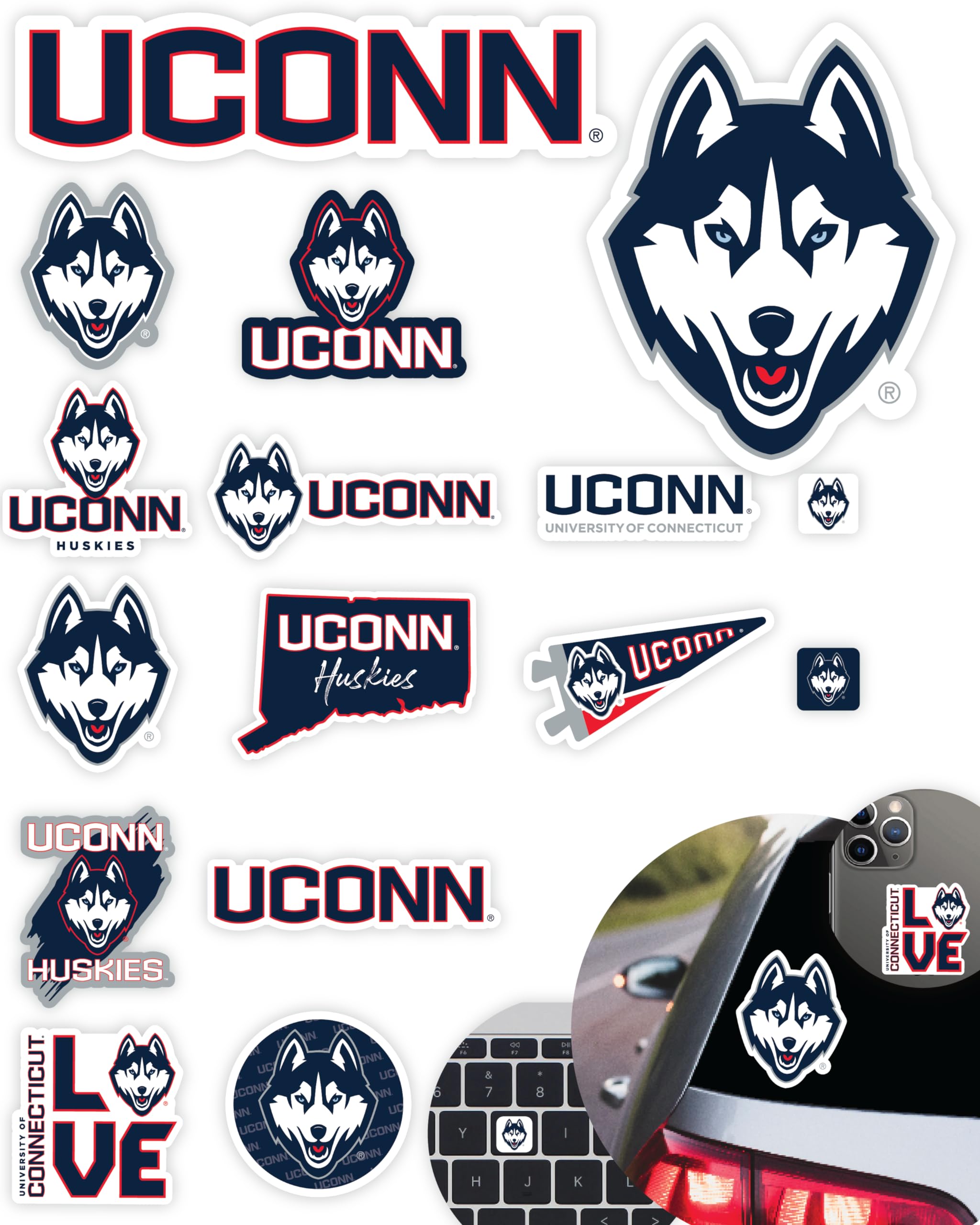 Uconn Stickers (14 Piece) Uconn Huskies Gifts For Men Football Fans For Car Laptop Water Bottle + 2 Large Uconn Huskies Car Deca