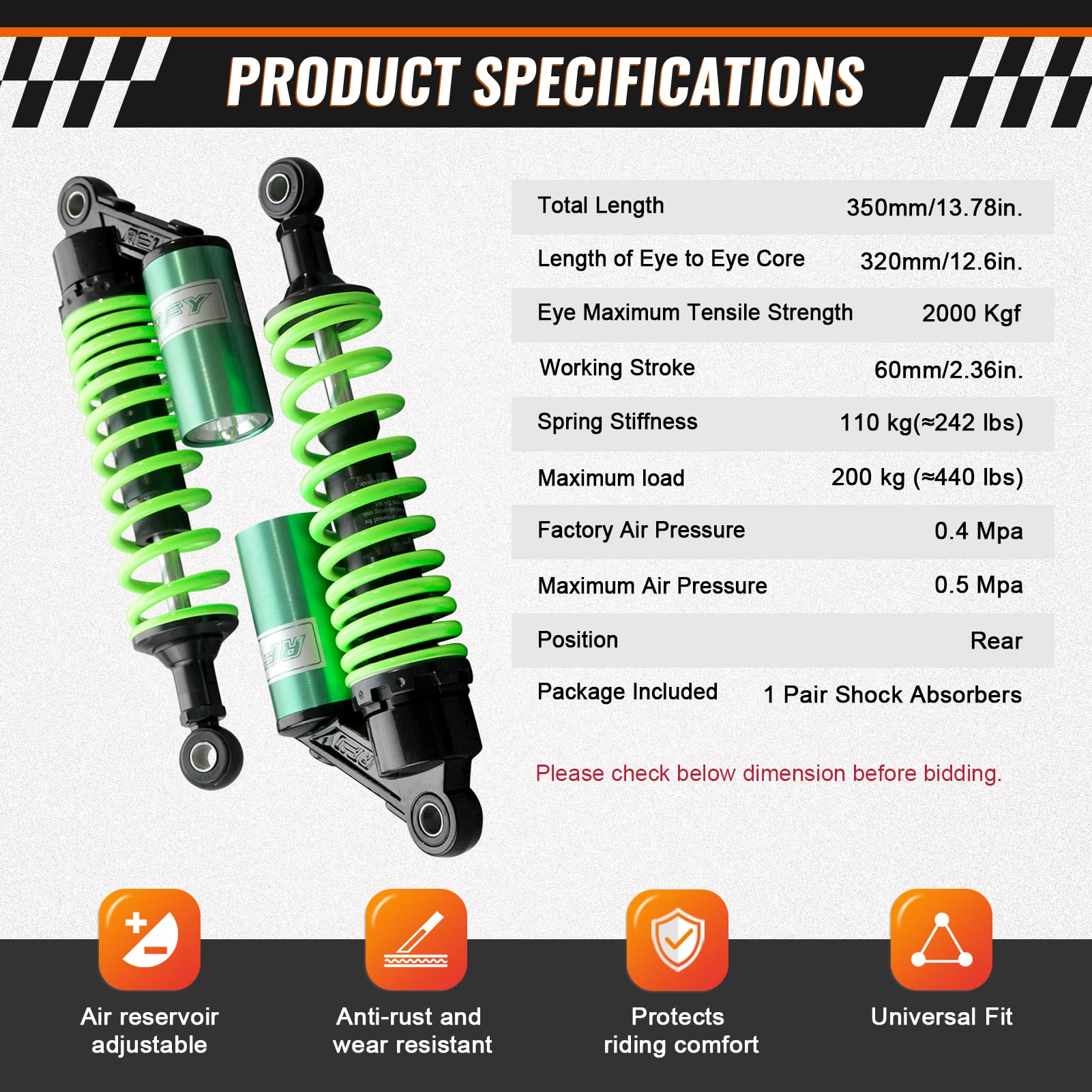 Gzyf 320Mm Pair Universal Motorcycle Rear Air Shock Absorbers For Honda For Suzuki For Kawasaki For Yamaha Atv Go Kart Quad Dirt