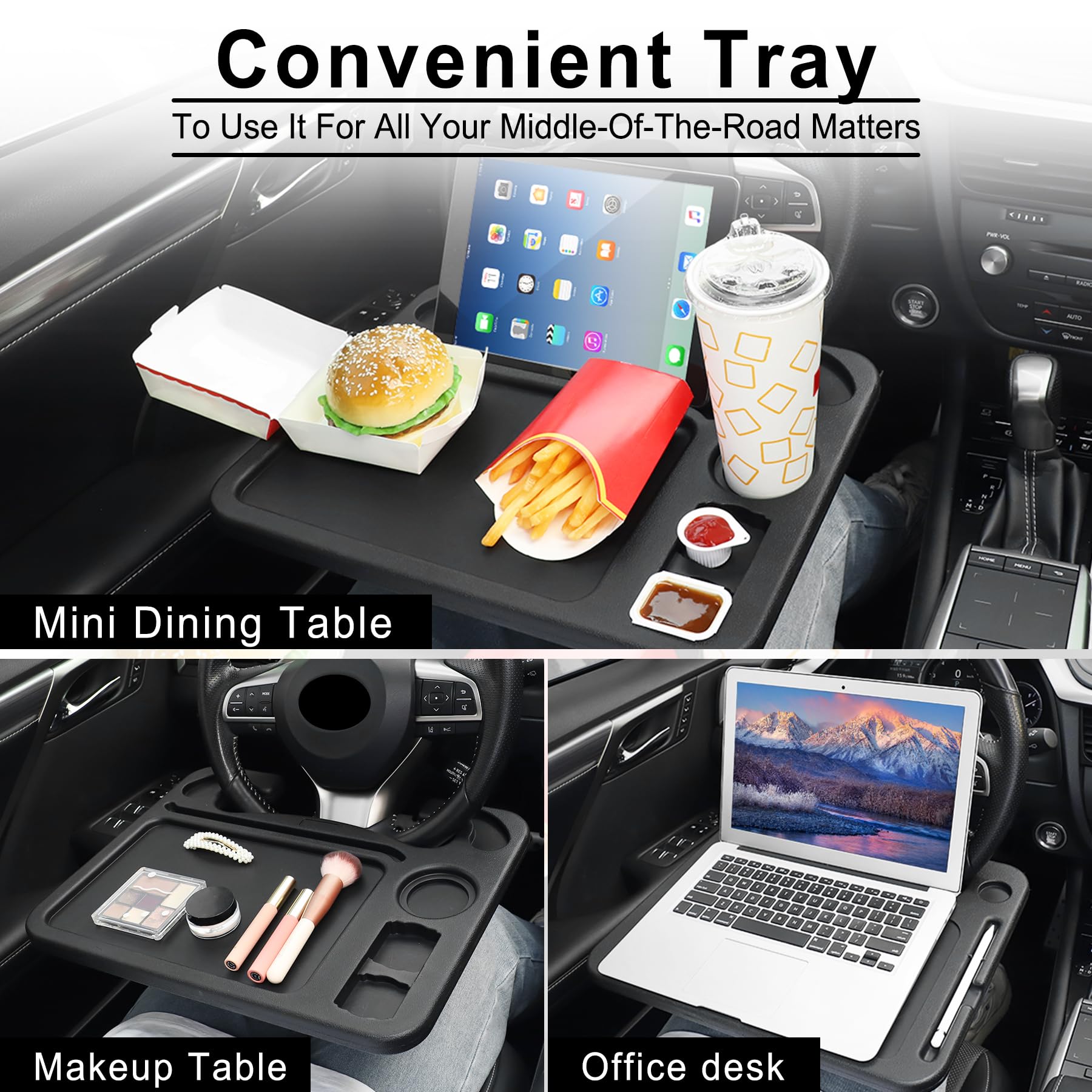 Justtop 4 In 1 Car Steering Wheel Desk For Laptop,Versatile Upgraded Car Seat Tray, Spacious Steering Wheel Table With Tablet Ho