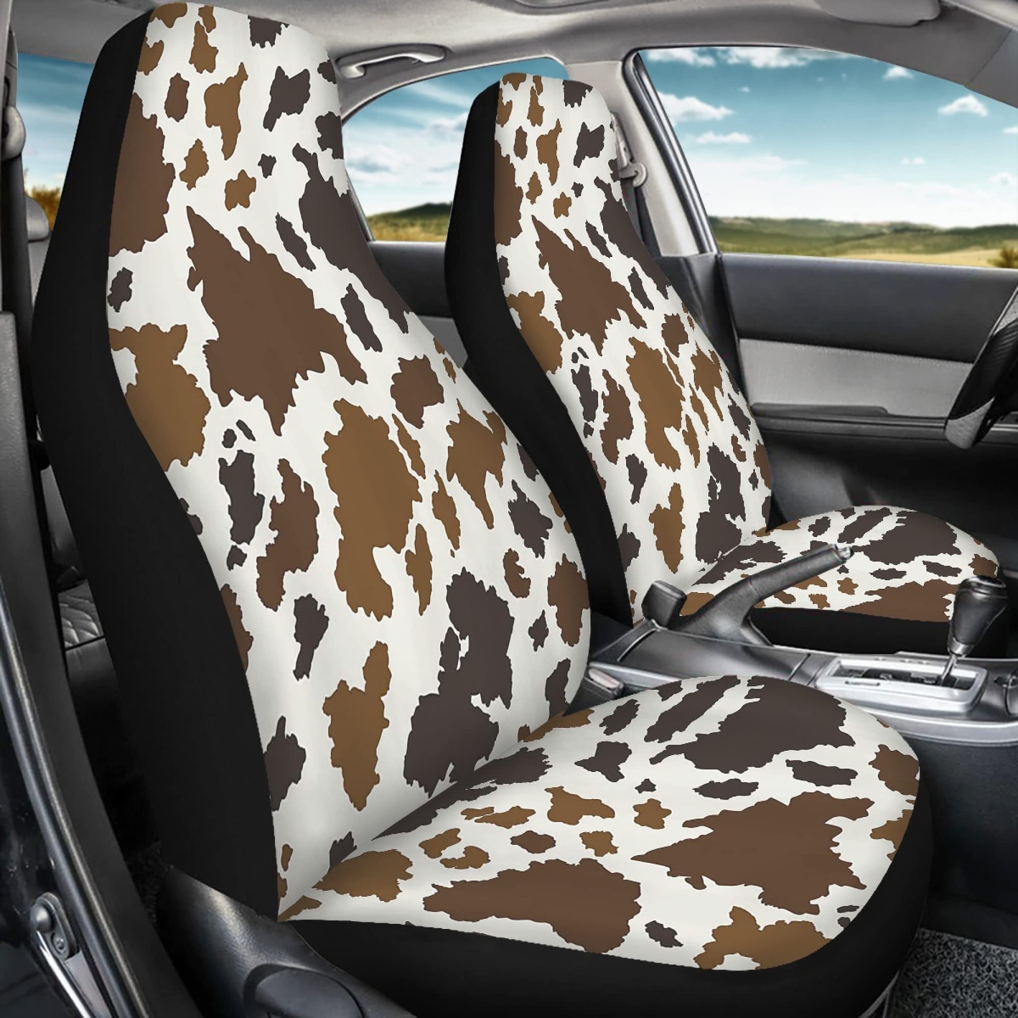 TOADDMOS Auto Seat Covers, Brown Cowhide Design Car Accessories for Interior Decor, Front Seat Covers Full Set, Universal Fit Mo