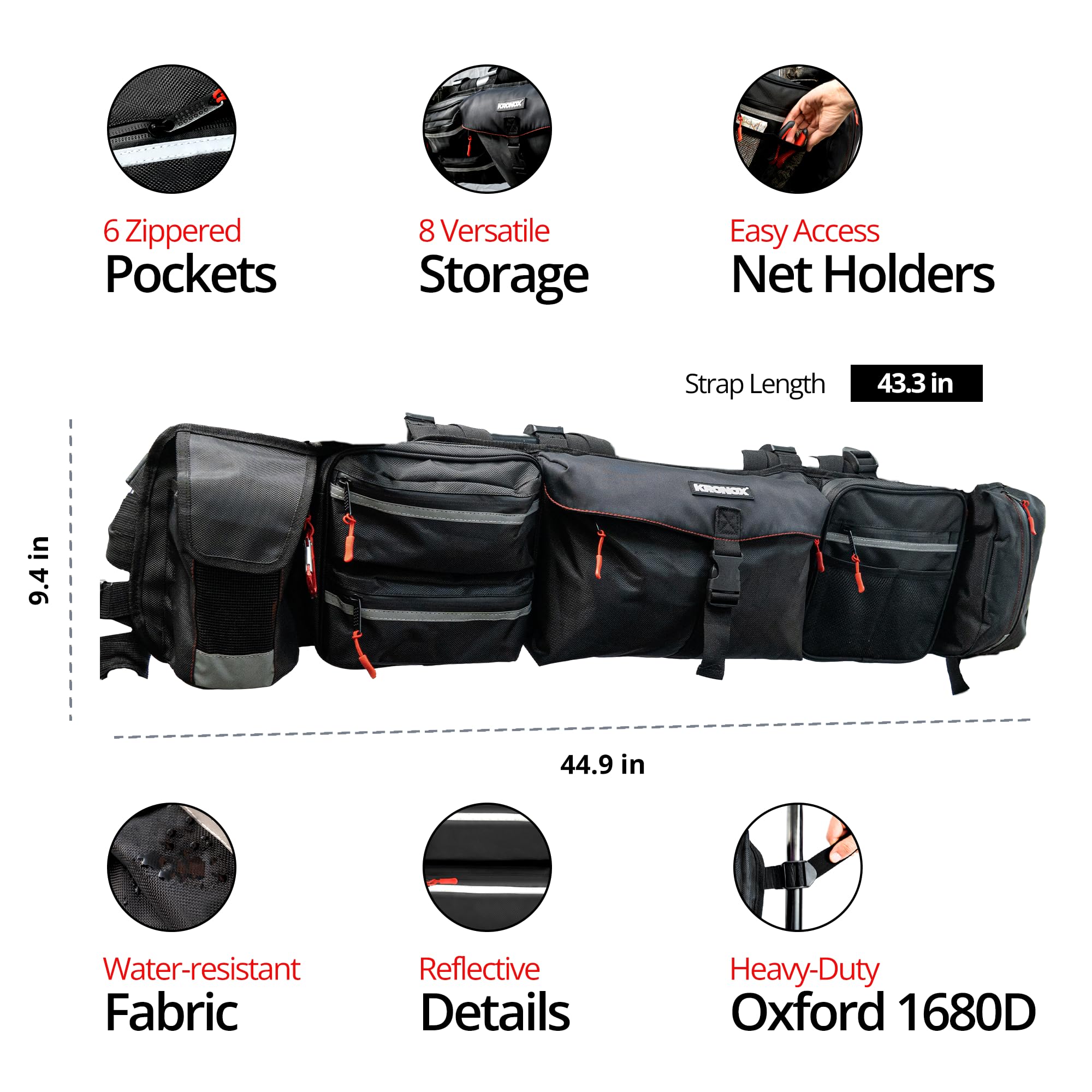 KRONOX UTV & Jeep Roll Cage Organizer Tool Bag - Heavy-Duty Off-Road Gear Rolling Bag for Rear/Side By Side Accessories - 8 Mult