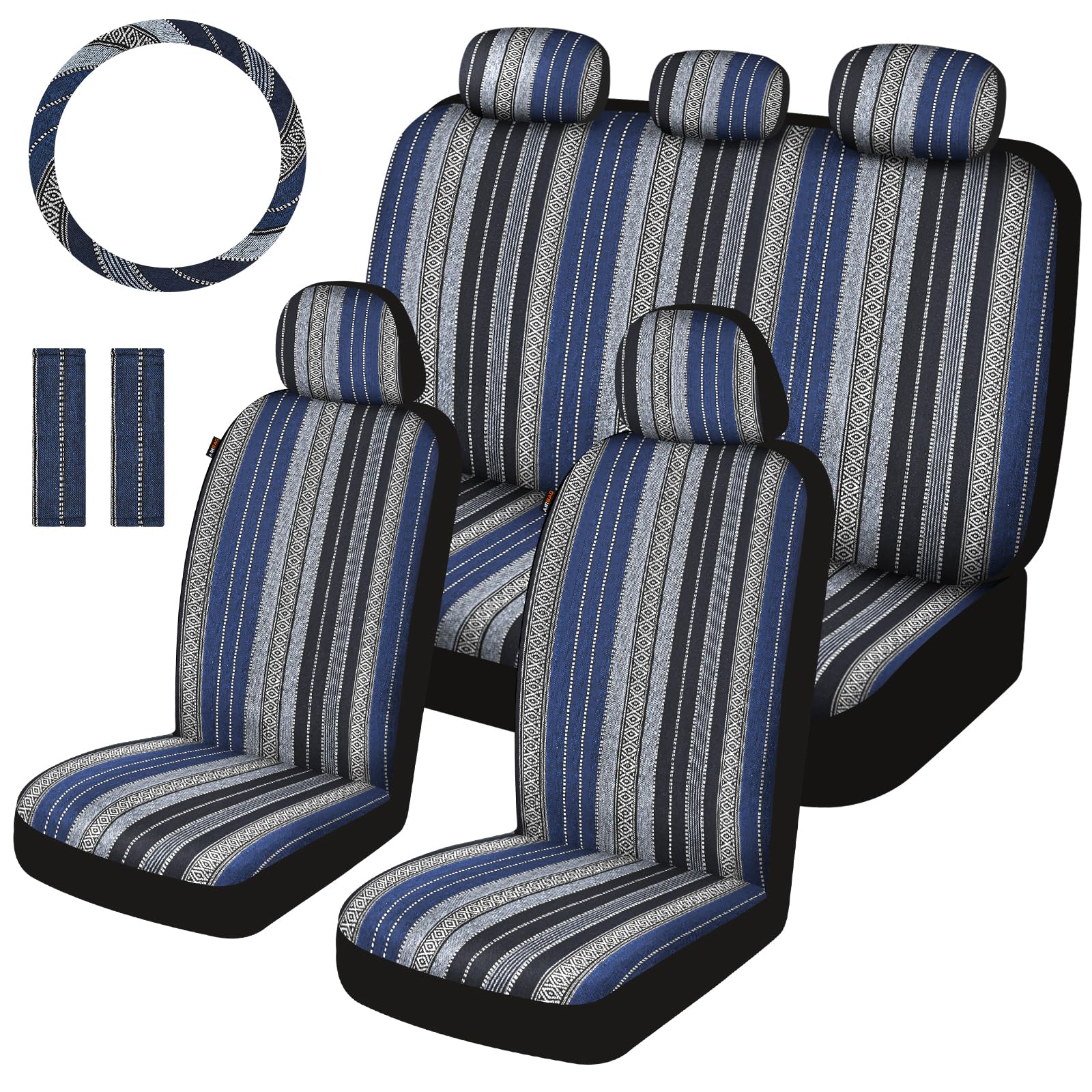 Sino Salected Baja Saddle Blanket Car Seat Covers Full Set with Seat Belt Pads and Steering Wheel Cover, Washable Breathable Str