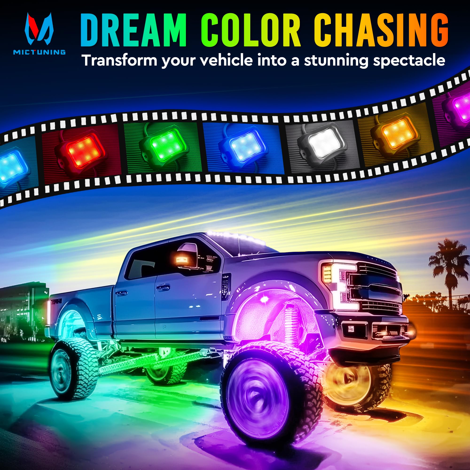 Mictuning Rgb+Ic Chasing Color Led Rock Lights, Waterproof Ip68, 2 Pcs Rock Neon Light (Not Inlcude Controller)