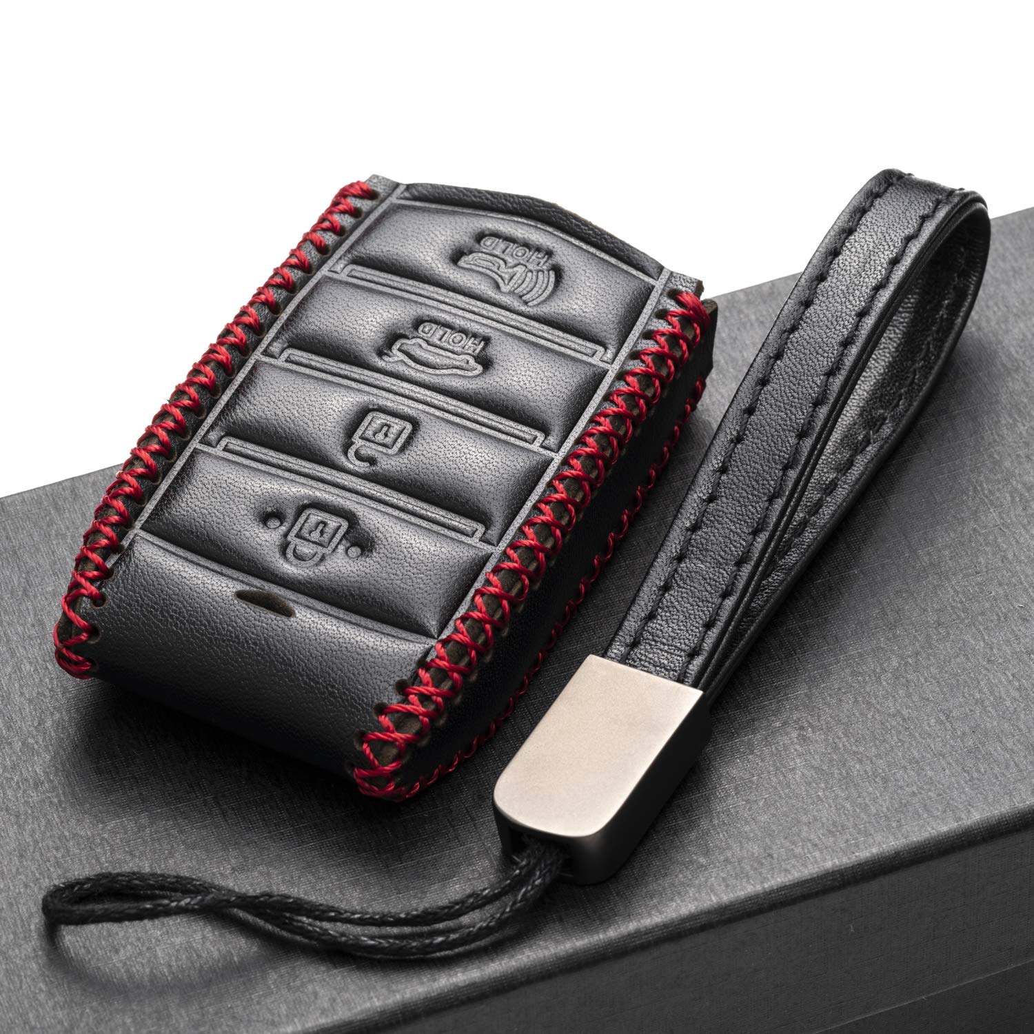 Vitodeco Genuine Leather Smart Key Fob Case Cover Protector with Leather Key Strap Compatible for 2017-2020 Genesis G70, G80, G90 (4-Button with Tailgate, Black/Red)