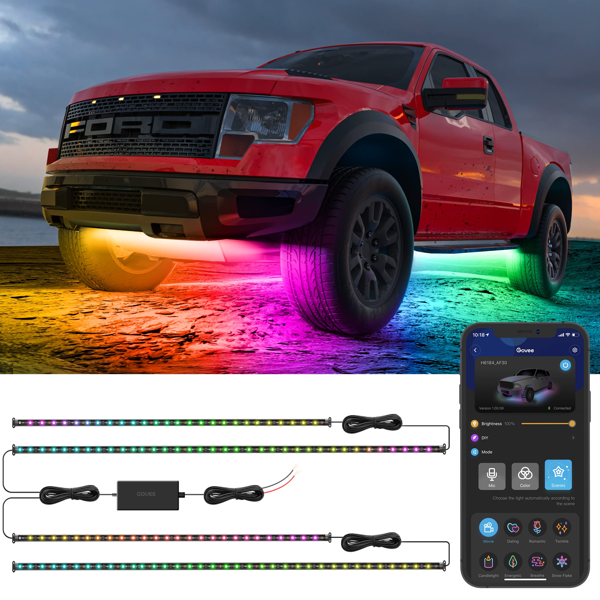 Govee Underglow Car Lights, 4 Pcs Rgbic Smart Led Lights With 16 Million Colors And 10 Scene Modes With App Control, 2 Music Modes For Cars, Suvs, Trucks, Dc 12-24V