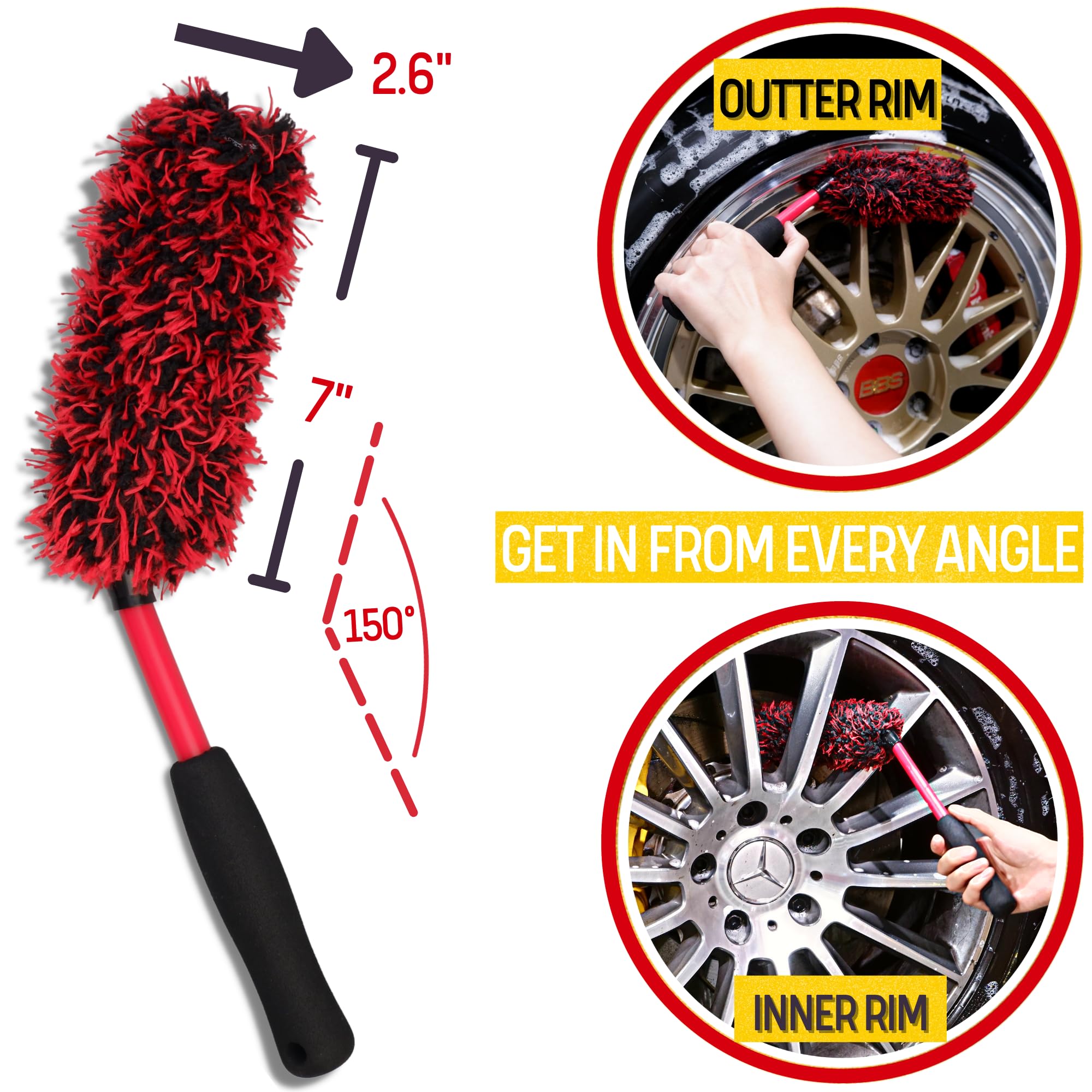 Oesee Metal Free Microfiber Wheel Brush Kit- Microfiber Angled Wheel Brush, Long Handle Wheel Brush, Tire& Detailing Brush, Whee