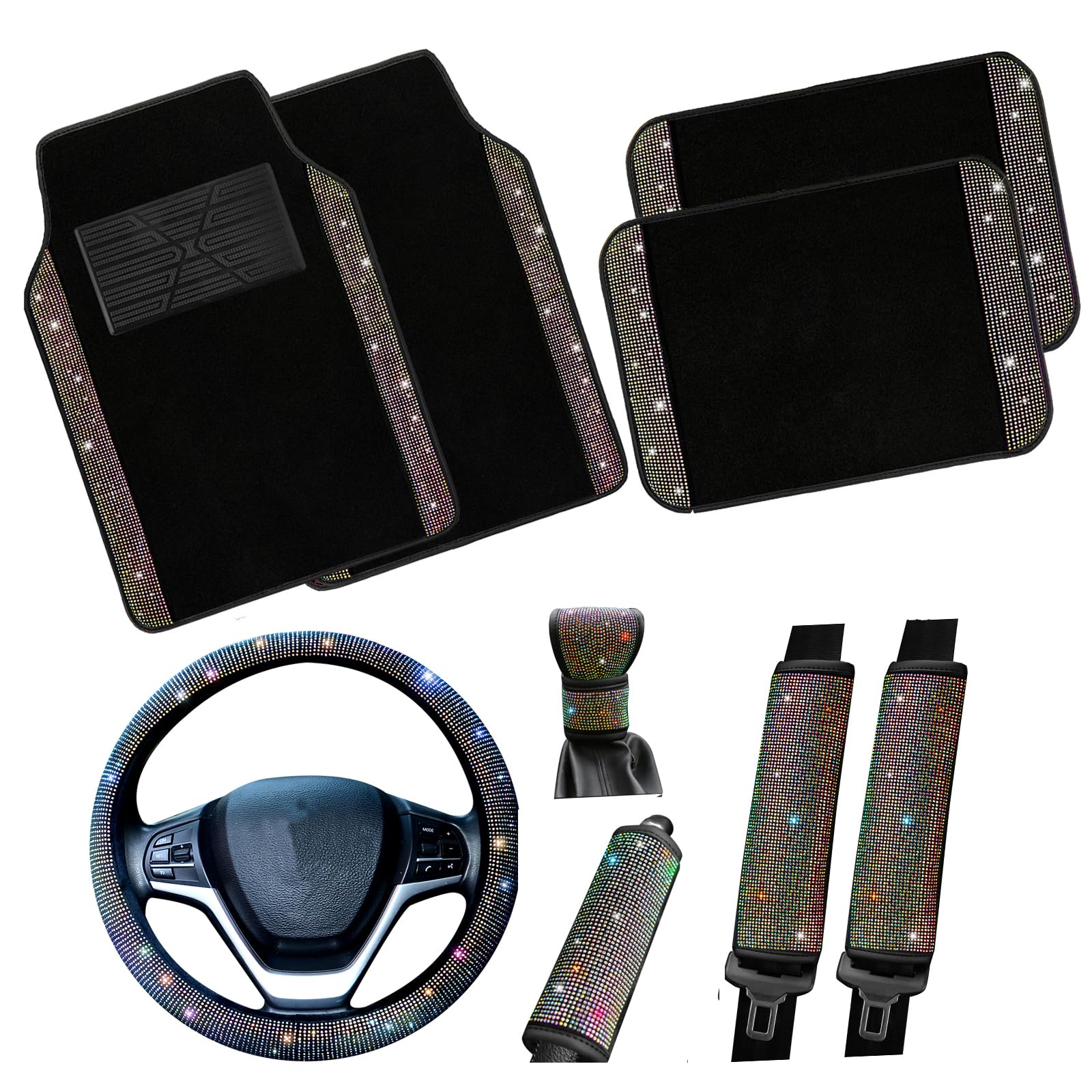 Valleycomfy Bling Steering Wheel Cover, Waterproof Diamond Floor Mats Sparkling 9-Pack Rhinestone Car Accessories For Women (Col