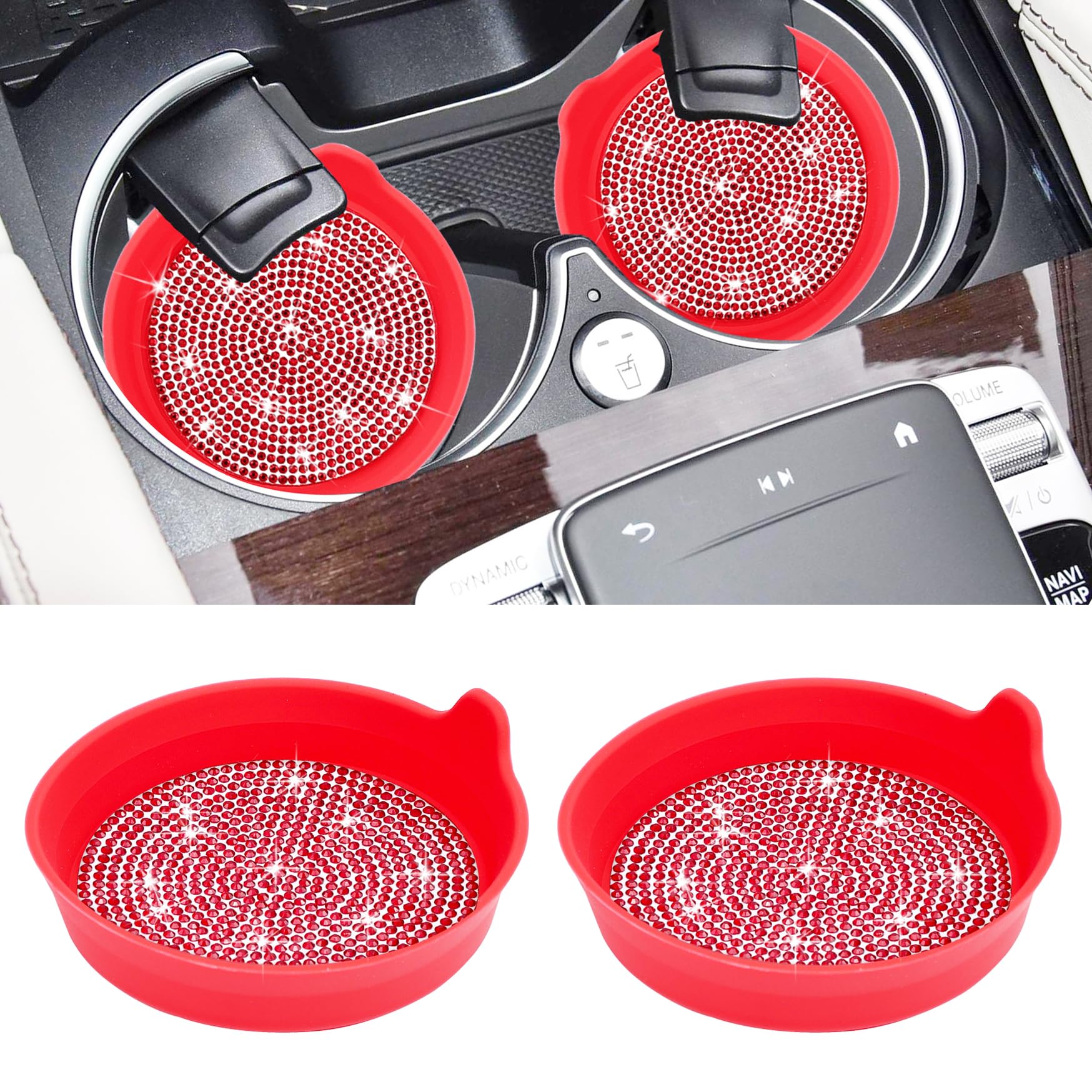 Amooca Car Cup Coaster Universal Non-Slip Cup Holders Bling Crystal Rhinestone Car Interior Accessories 2 Pack Red Whole Rhinest