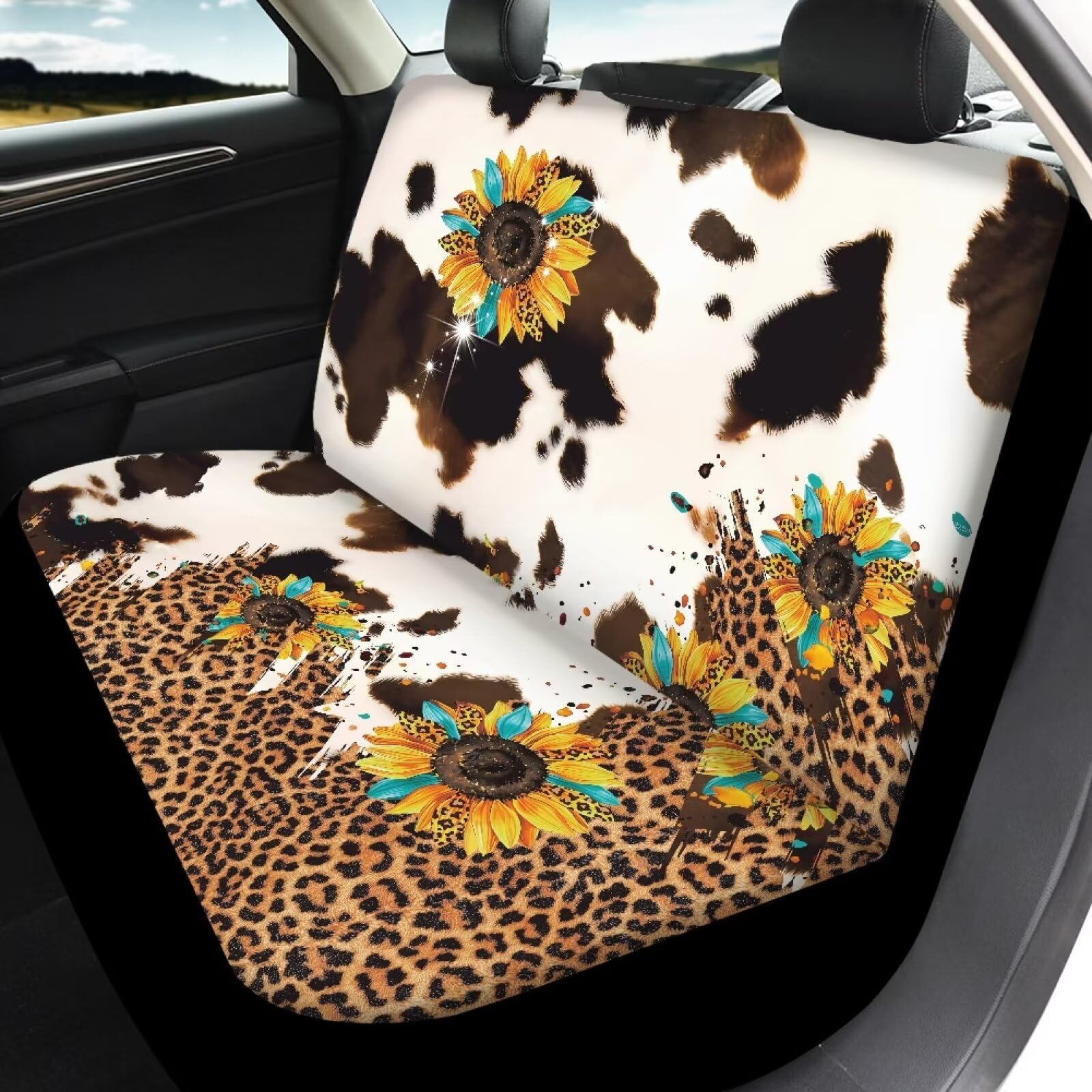 Tomeusey Leopard Sunflower Pattern Car Seat Cover Full Set, Front Rear Seat Cover 4 Pcs Car Seat Mats Full Set for Women Men, So