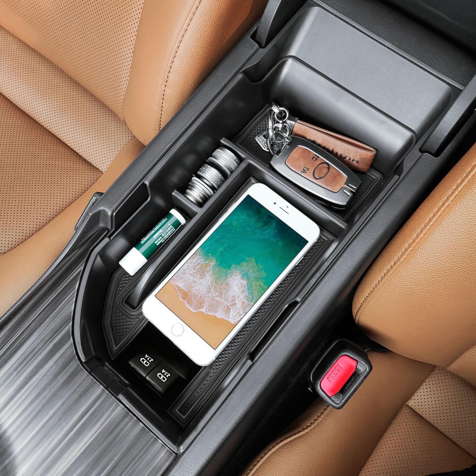 TACOBRO Center Console Organizer for Camry XLE/XSE 2018-2023, Armrest Storage Box, Rubber, Black Trim, Fits Dual USB Ports