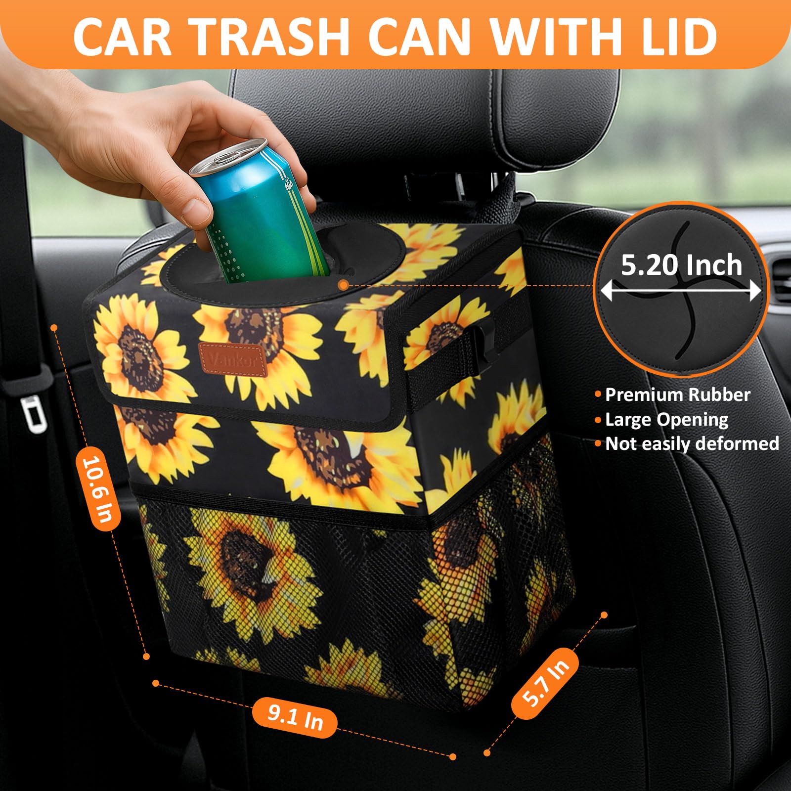 Vankor Cute Trash Can For Automotive Car, Trash Bag Bin Hanging Waterproof Leak Proof Vehicle Garbage Cans Sunflower
