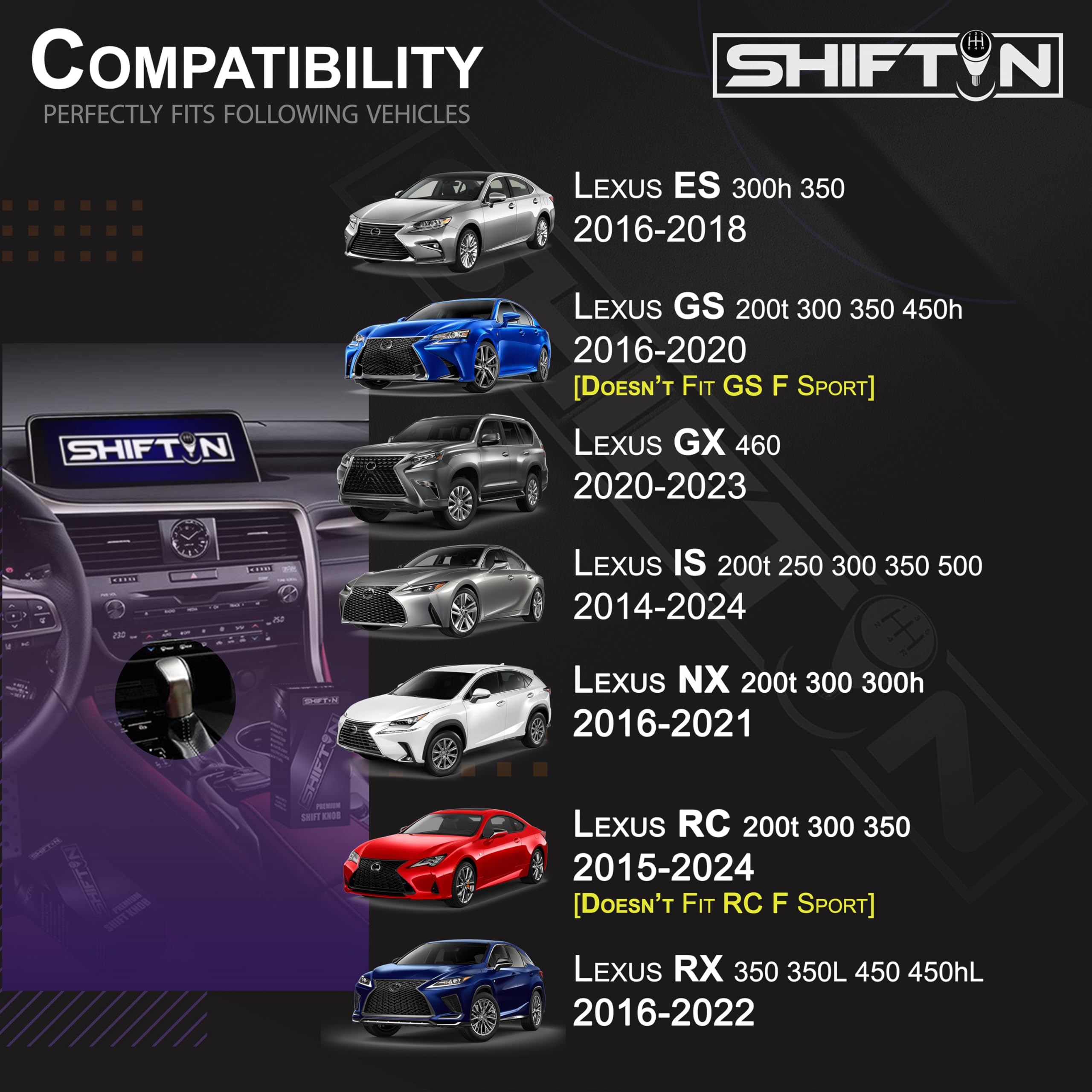 Shiftin Gear Shift Knob Shifter For Lexus Es Gs Gx Is Nx Rc Rx 200T 300 350 3450H 450Hl 350L (Circuit Red Leather/Piano Black)