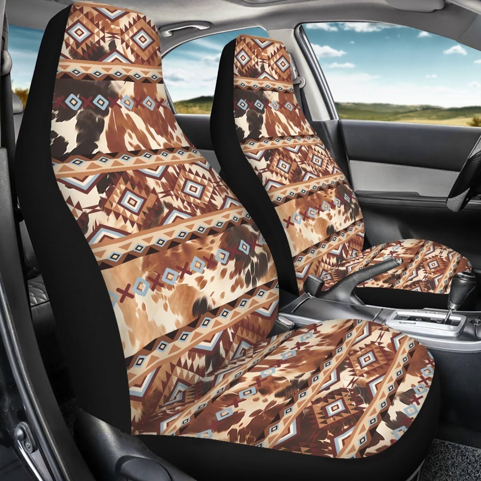 Salabomia Aztec Tribal Car Seat Cover, Cow Print Stretchy Car Seat Protector Cover for Women, Comfortable 2 Piece Car Seat Cover