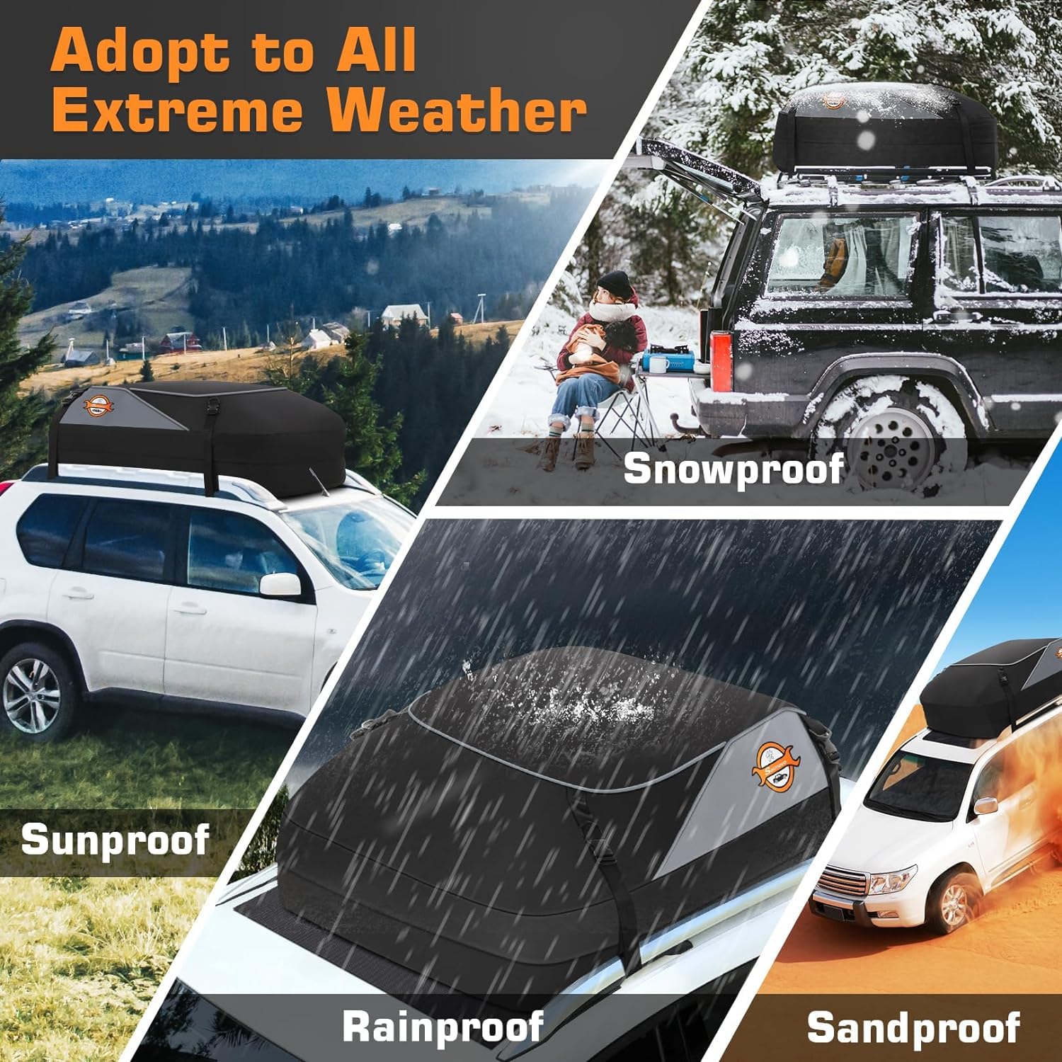 Sailnovo Car Rooftop Cargo Carrier Roof Bag Waterproof 15 Cubic Feet For Top Of Vehicle With/Without Rack Car Top Carrier With 4*Door Hooks, Reinforced Straps & Storage Bag 1000D