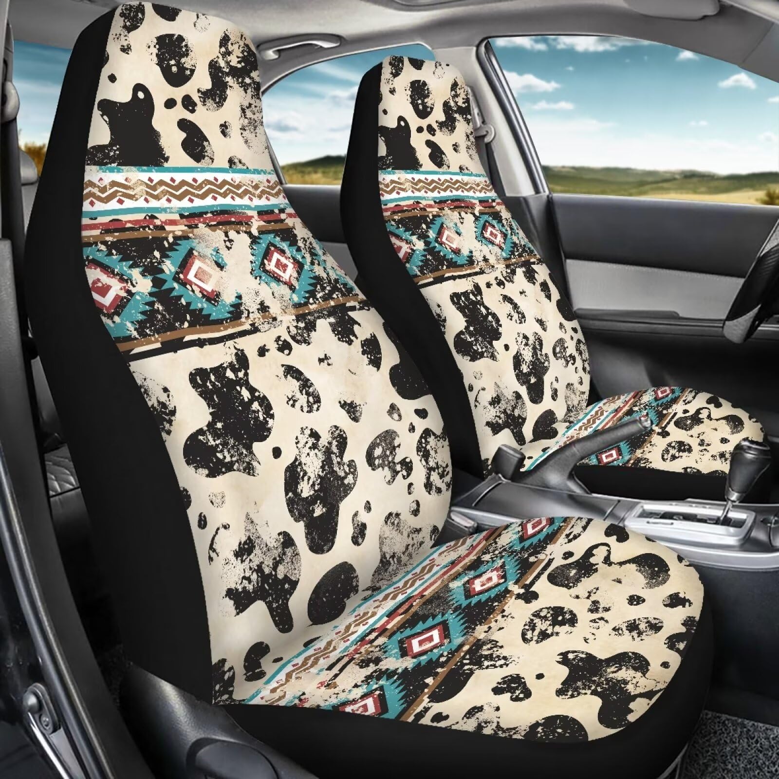 Fuibeng Set Of 2 Western Aztec Cow Automotive Seat Cover Full Set Car Protection Accessory,Comfy Elastic Front Seat Covers For M