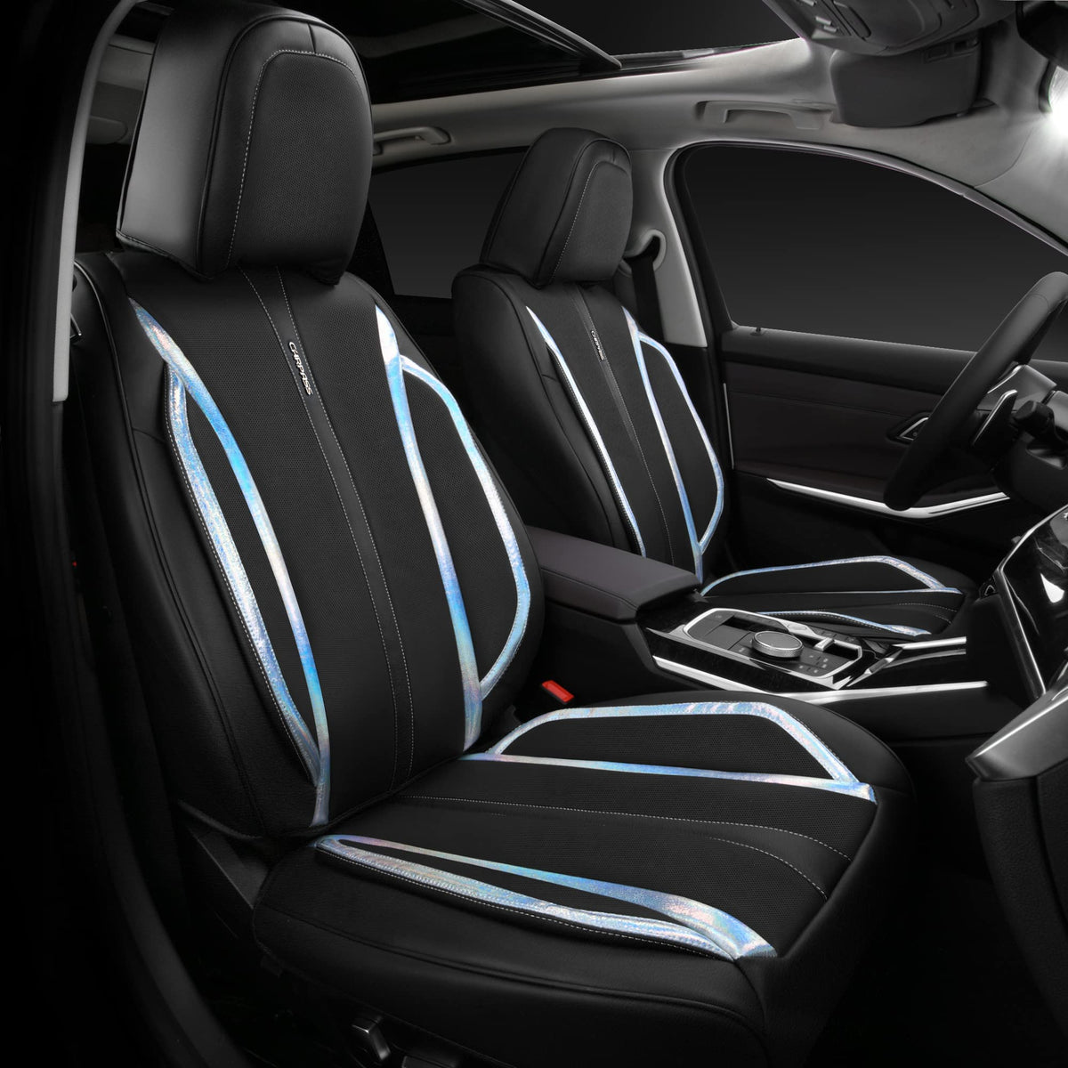 CAR PASS Nappa Leather Holographic Laser Car Seat Covers Front Seats Only Cushioned, Waterproof Waist Protector Universal fit fo