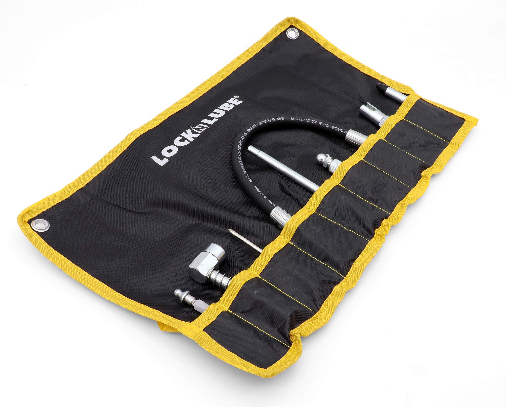 Locknlube 8-Piece Quick Connect Greasing Accessory Kit. Complete Grease Fitting Connection Kit. Reach Any Grease Fitting On Any Machine. The Rip-Stop Case Keeps Tools Clean And Portable.
