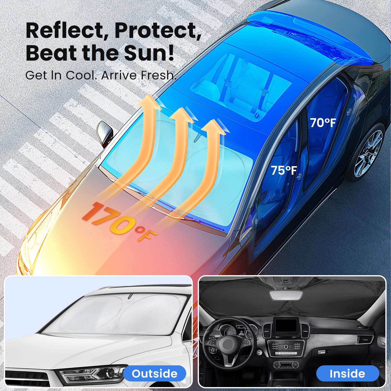 Magnelex Car Windshield Sun Shade With Storage Pouch. Reflective 240T Material Car Sun Visor With Mirror Cut-Out For Car, Truck, Van Or Suv. Foldable Sun Shield For Sun Heat And Uv Protection (Large)