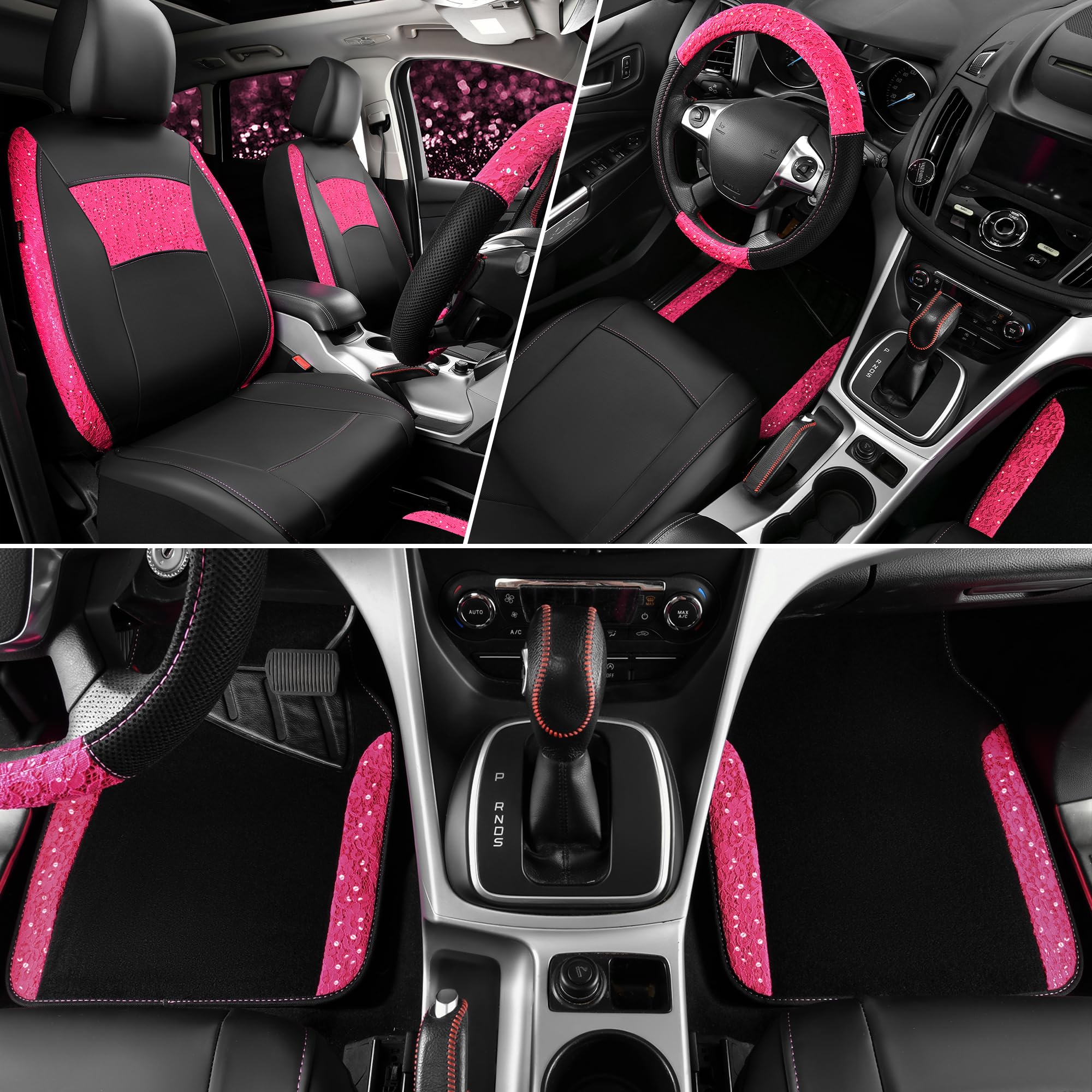 Car Pass Universal Leather Pink Lace Car Seat Covers Full Set For Women Girls, Waterproof Car Floor Mats Carpet, Steering Wheel