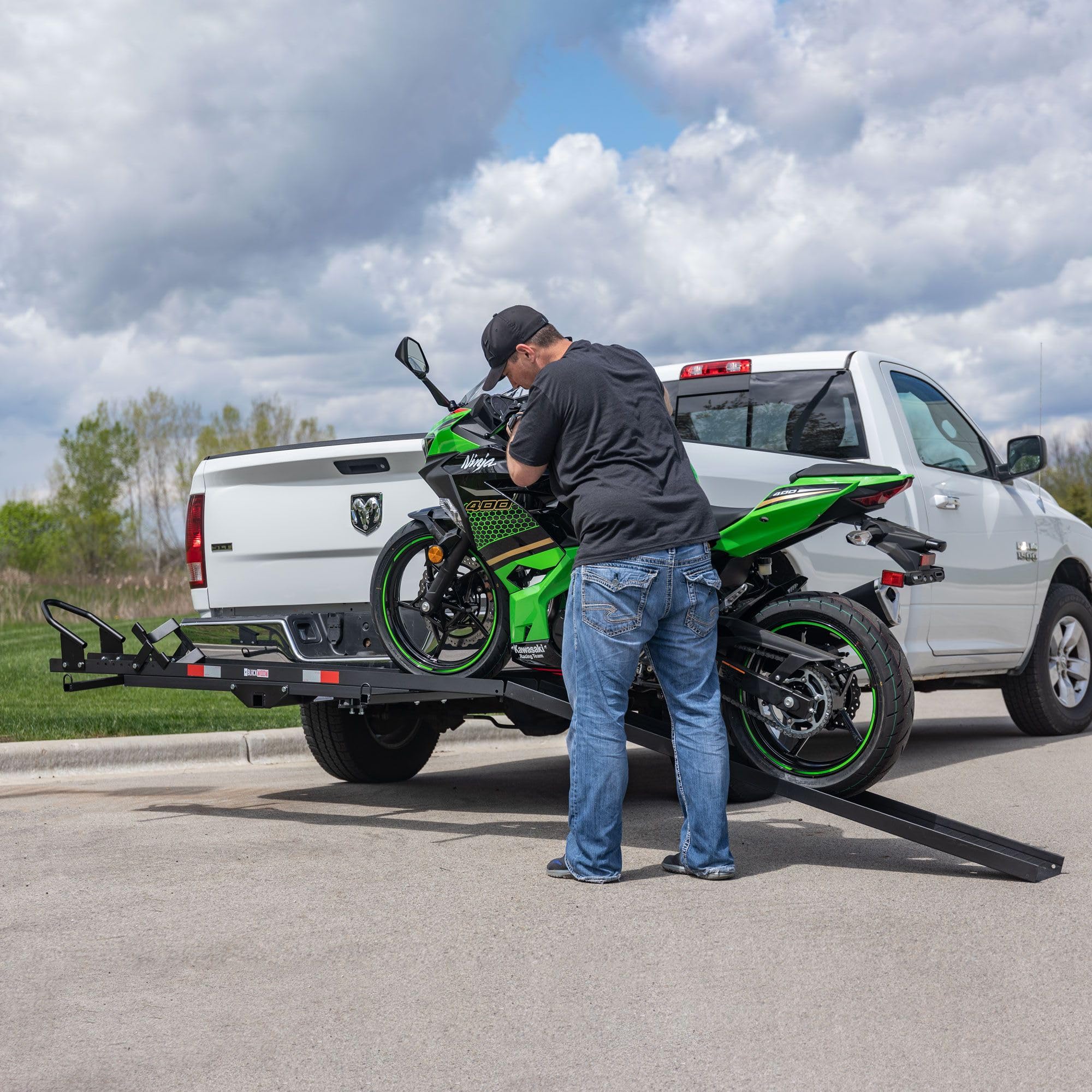 Black Widow Motorcycle Carrier - 600 lb Capacity, Hitch-Mounted, Black, Model MCC-600, Includes Ramp and Anti-Rattle Device