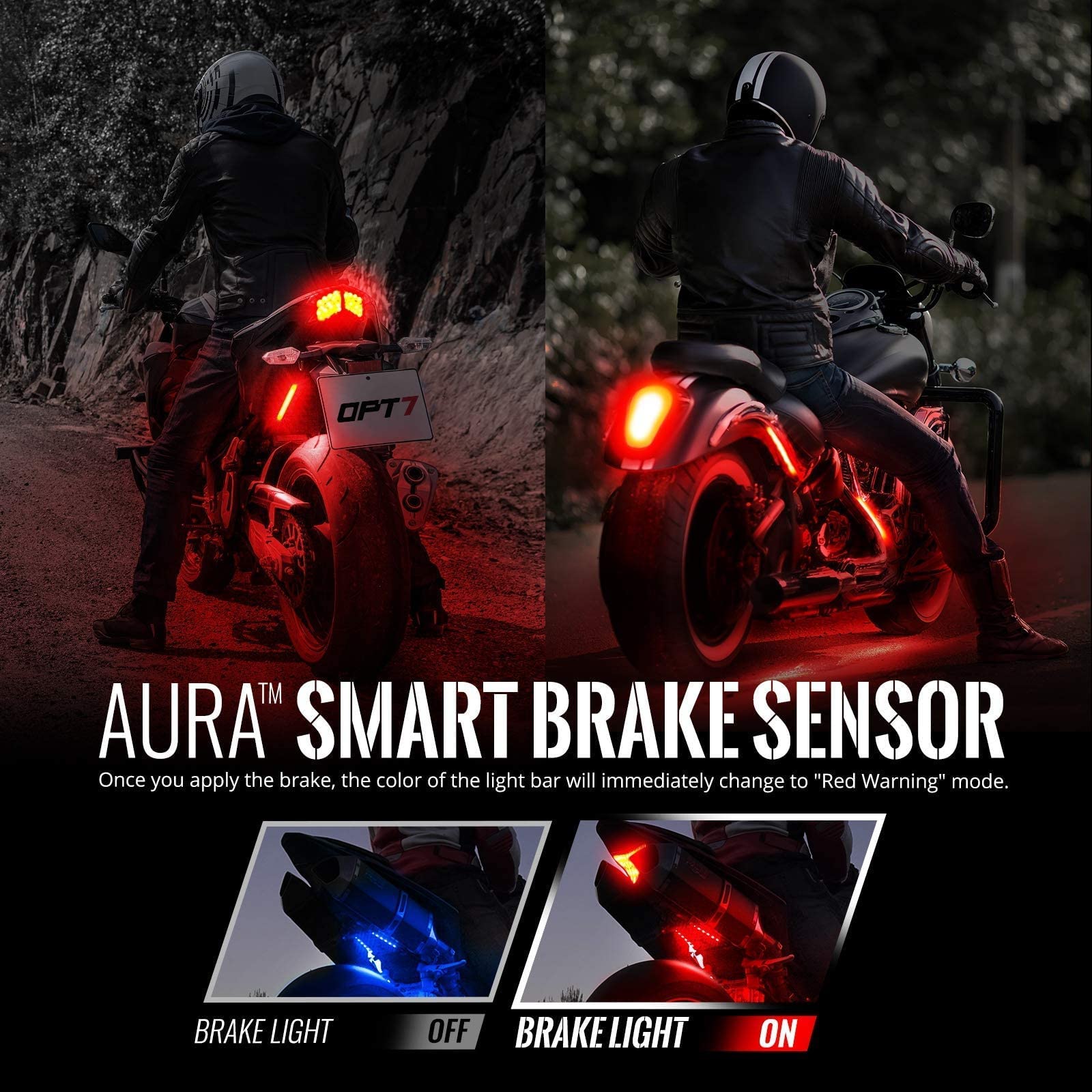 Opt7 Aura Pro Motorcycle Led Light Kit Smart Brake, Rgb Multi-Color Bike Underglow Neon Light Bluetooth App, Motorcycle Under Gl