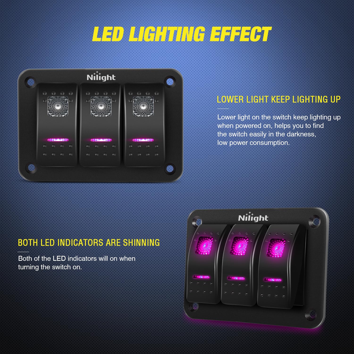 Nilight 3 Gang Aluminum Rocker Switch Panel 5 Pin On Off Pre-Wired Pinkish Purple Toggle Switch Spst 12V 24V Night Glow Stickers