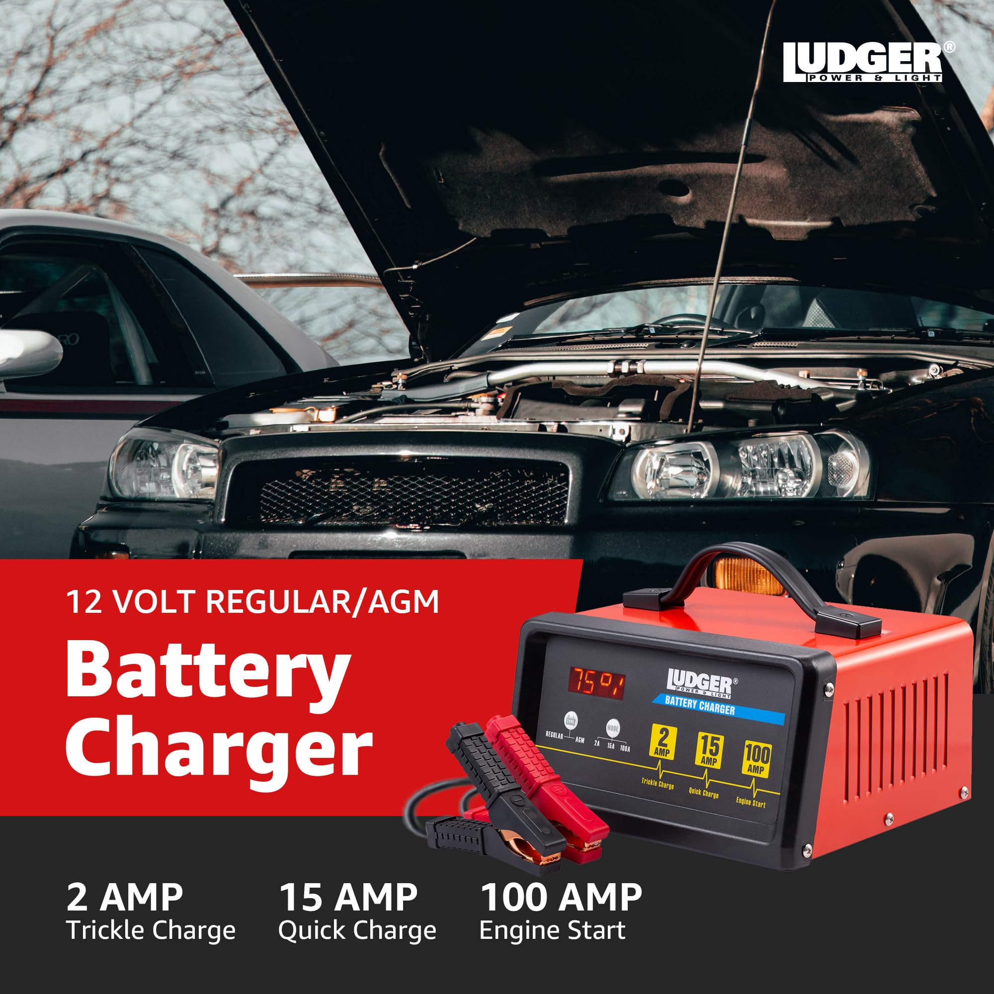 Ludger Batery Charger - 3 Modes: 12-Volt/2A 12-Volt/15A and 12-Volt/100A Engine