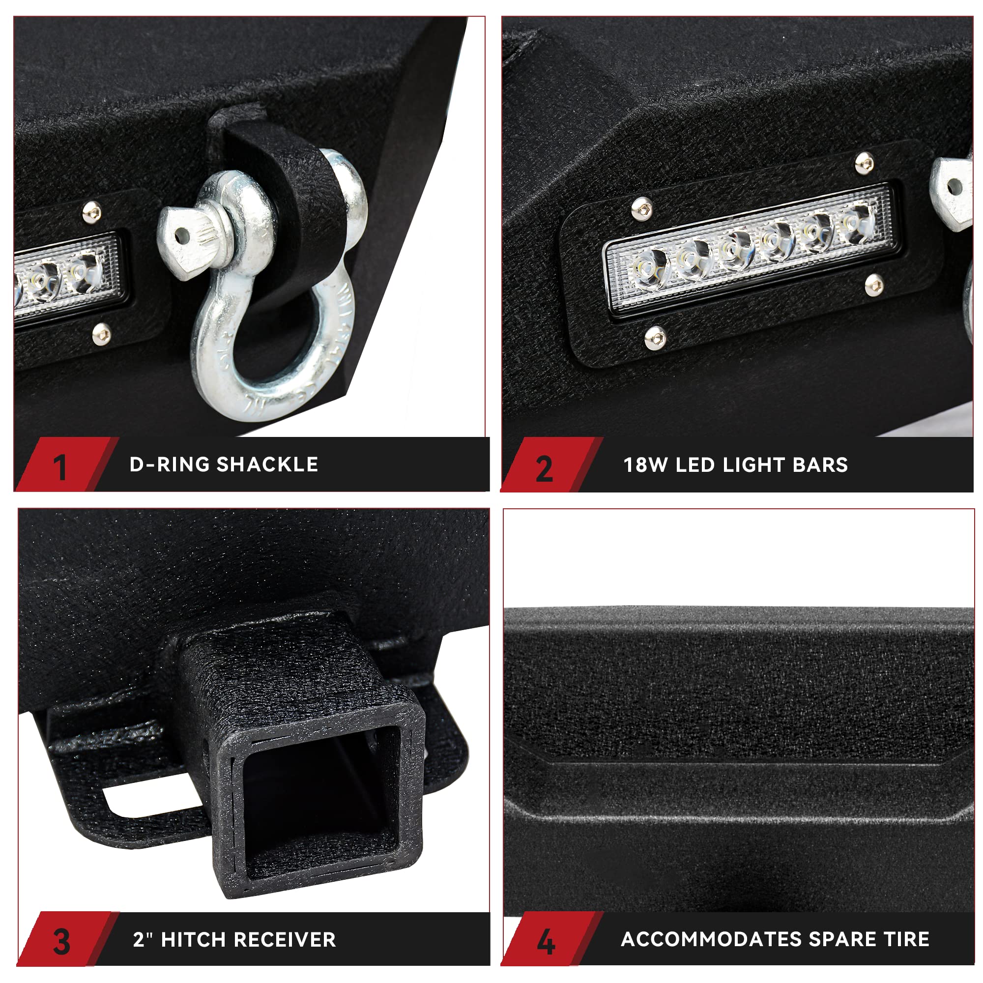 Ledkingdomus Rear Bumper Compatible With 07-18 Jeep Wrangler Jk And Jk Unlimited, Off Road Back Bumper W/ 2X Led Lights & 2'' Hi