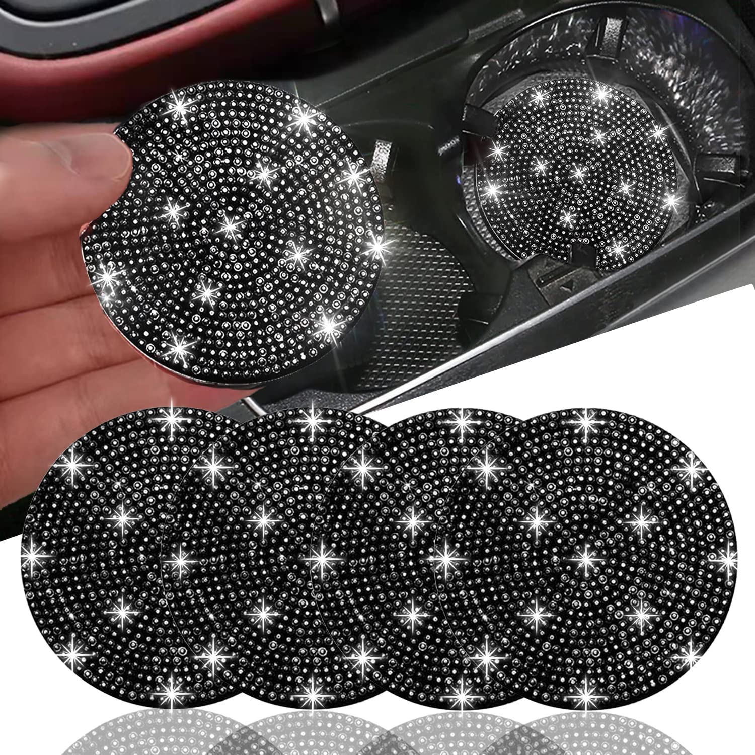 4Pcs Bling Car Coaster, Universal Bling Car Interior Accessories For Women, 2.75 Inch Silicone Anti-Slip Shockproof Fashion Vehi