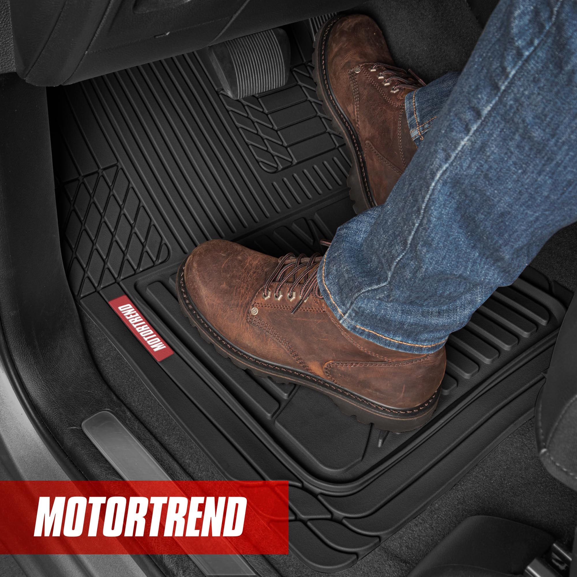 Motor Trend FlexTough Advanced Black Rubber Car Floor Mats - 3 Piece Trim to Fit Floor Mats for Cars Truck SUV, All Weather Auto