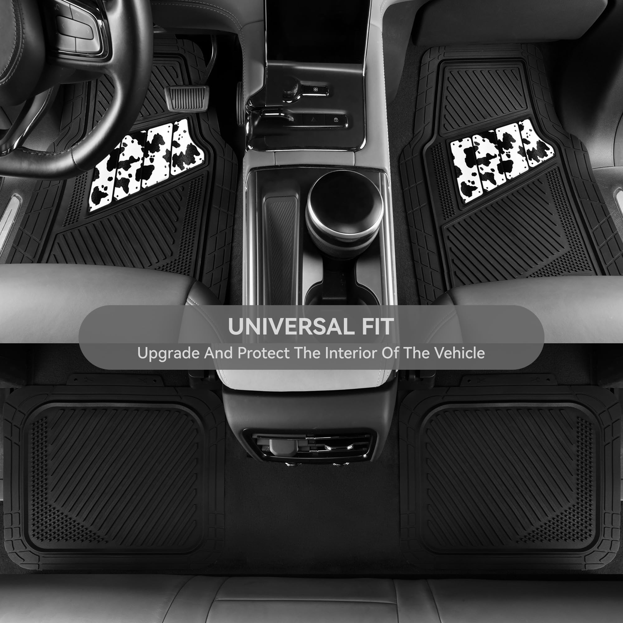 Car Pass Heavy Duty Rubber Floor Mats Cow Print Car Mats 4-Piece Car Mat Set - Universal Waterproof Floor Mats For Car Suv Truck