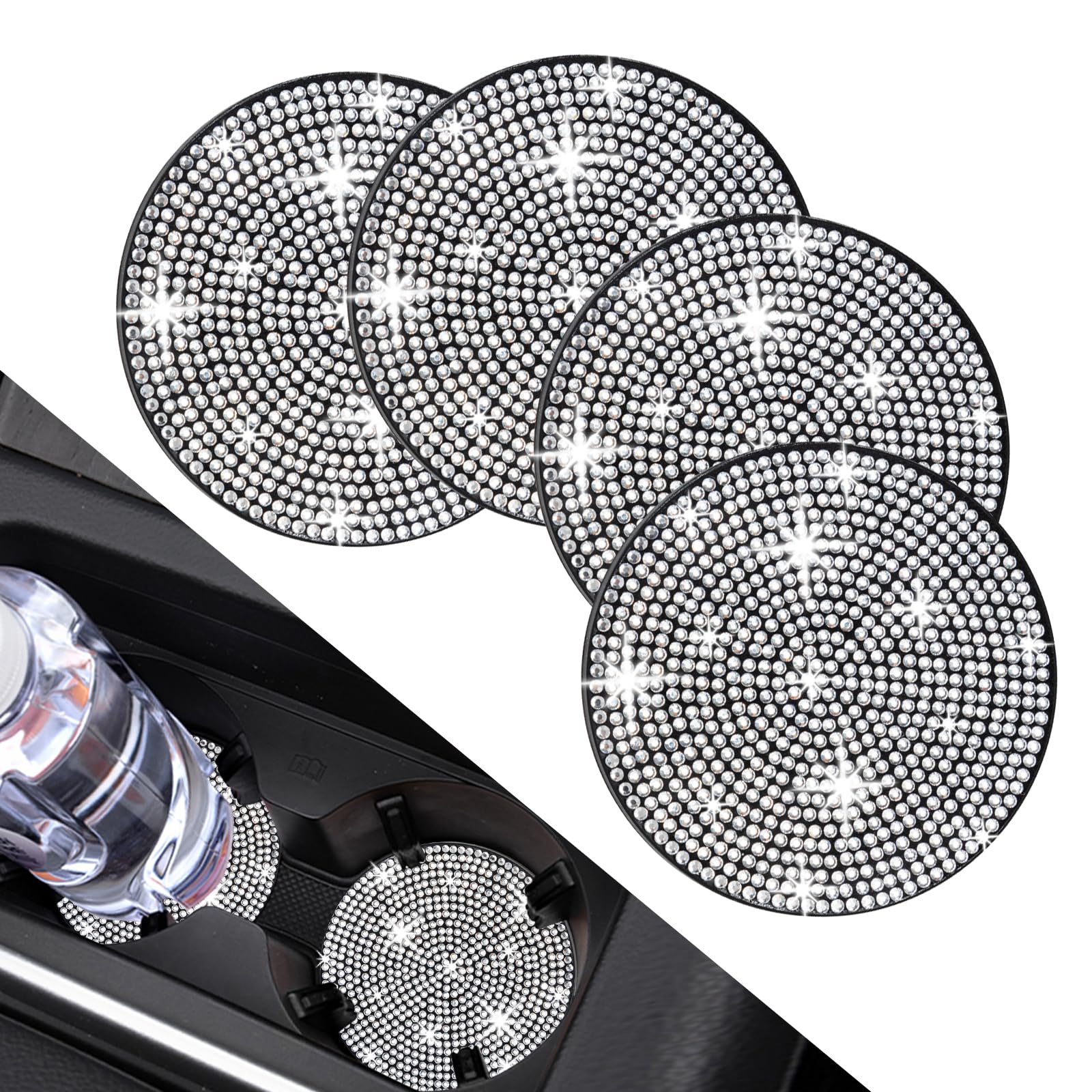 COCASES 4 Pack Bling Car Coasters, Car Cup Holder Coaster, Rhinestone Coaster for Cup Holders, Silicone Car Coasters for Women C